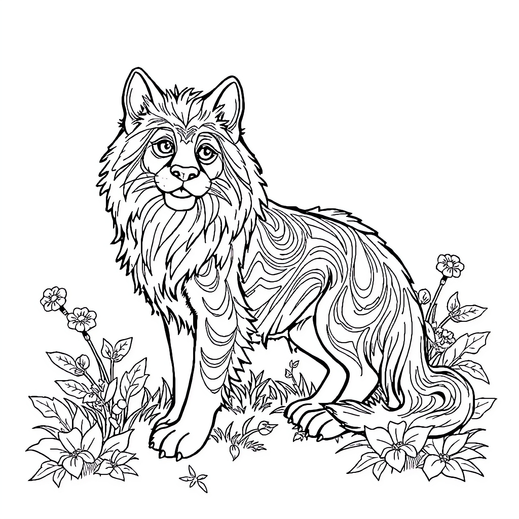 Dog exploring vibrant floral surroundings Coloring Page (free black-and-white line drawing printable PDF for all, from beginners to advanced learners, including children, teens, adults, and seniors)