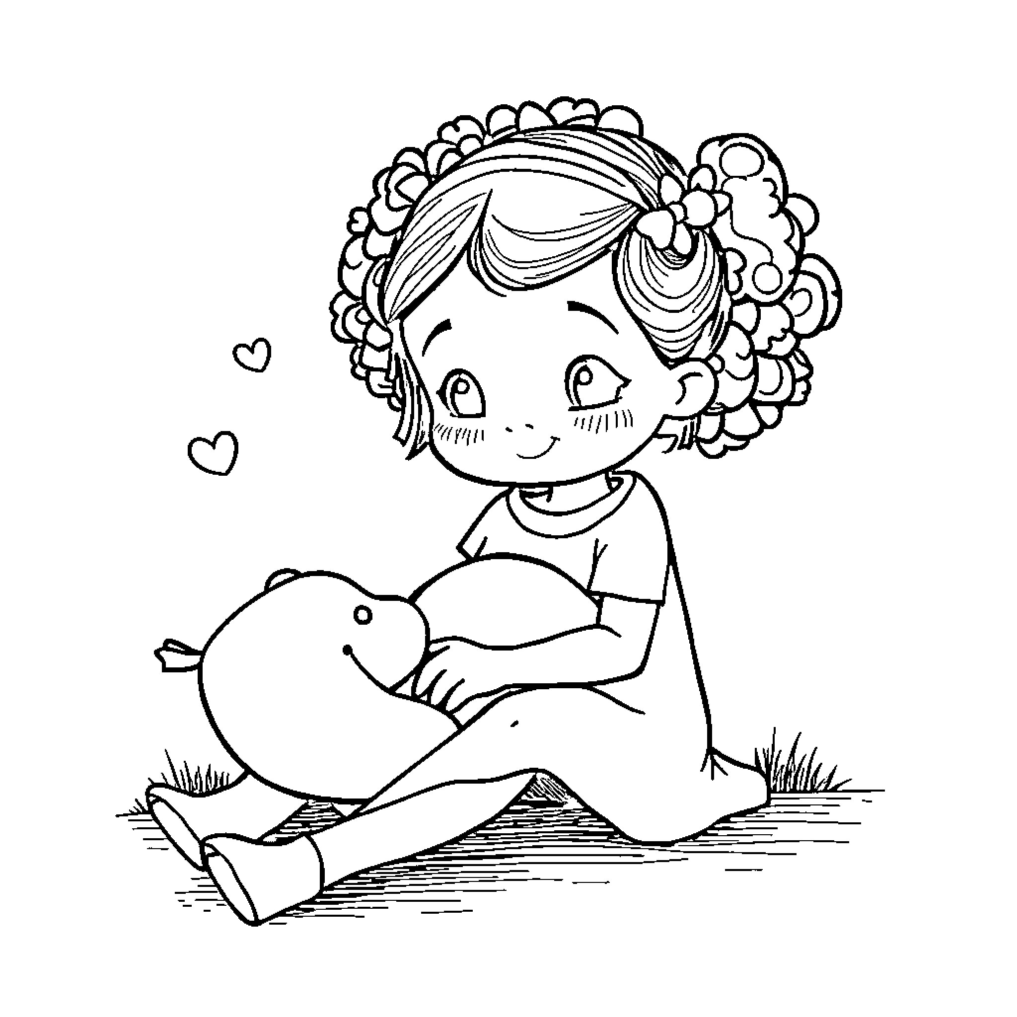 Sister's Caring Embrace with Her Furry Friend Coloring Page (free black-and-white line drawing printable PDF for all, from beginners to advanced learners, including children, teens, adults, and seniors)