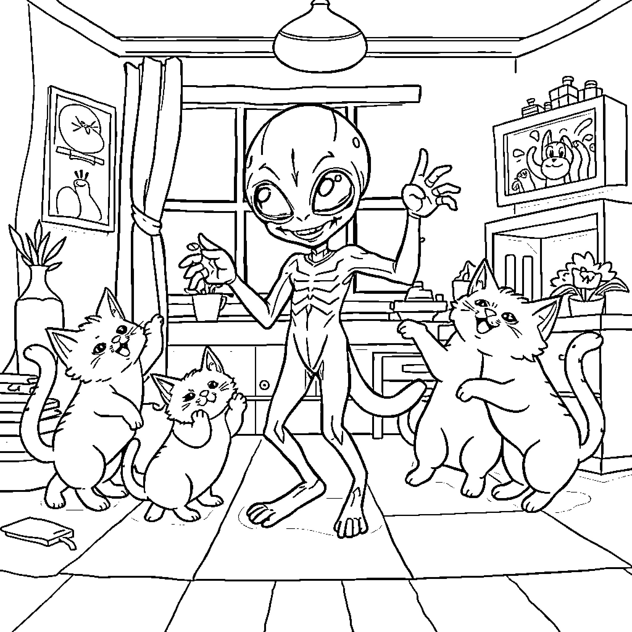 Alien Creature Interacting with Pets in Cozy Room Coloring Page (free black-and-white line drawing printable PDF for all, from beginners to advanced learners, including children, teens, adults, and seniors)