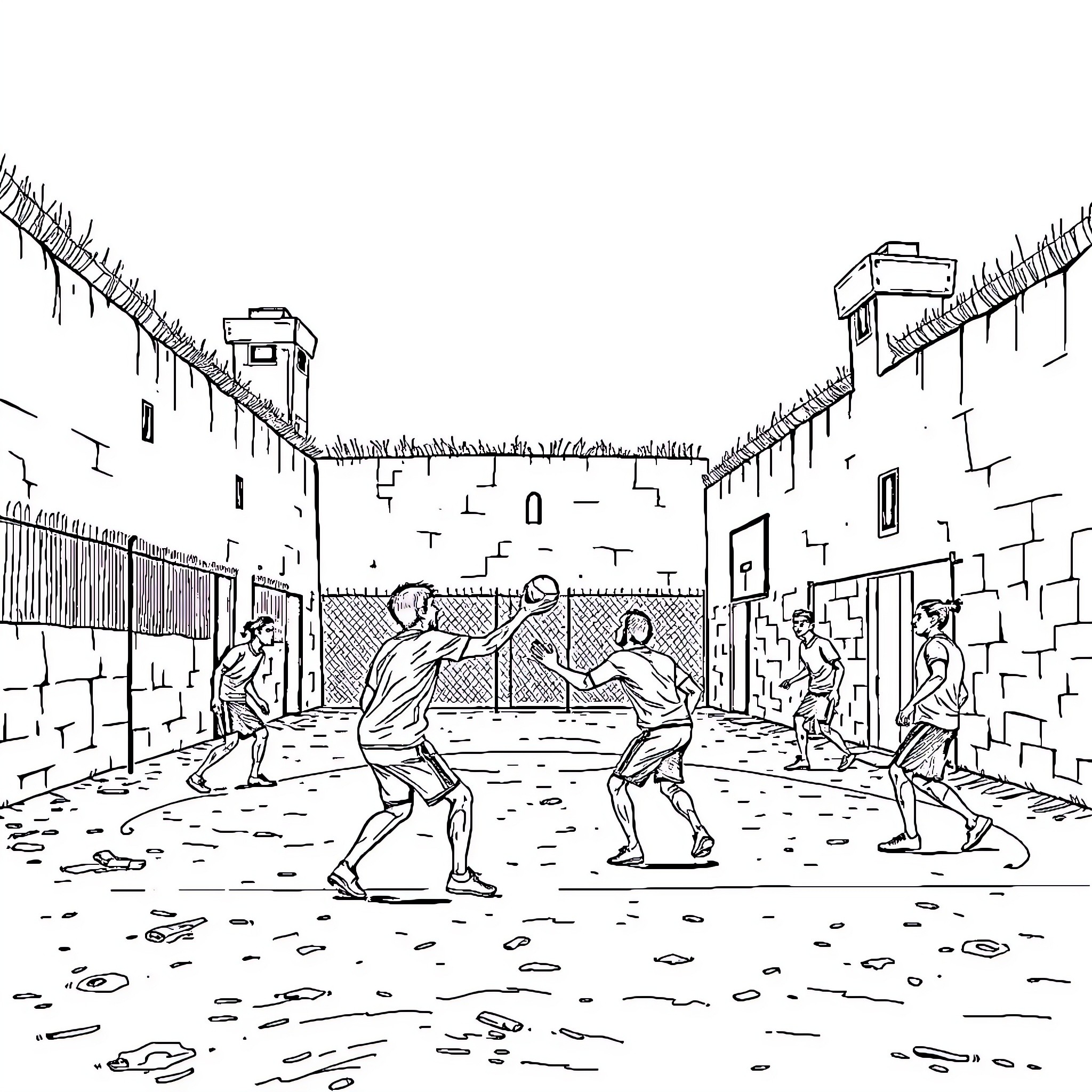 Prisoner Fight in Gritty Prison Yard Coloring Page (free black-and-white line drawing printable PDF for all, from beginners to advanced learners, including children, teens, adults, and seniors)