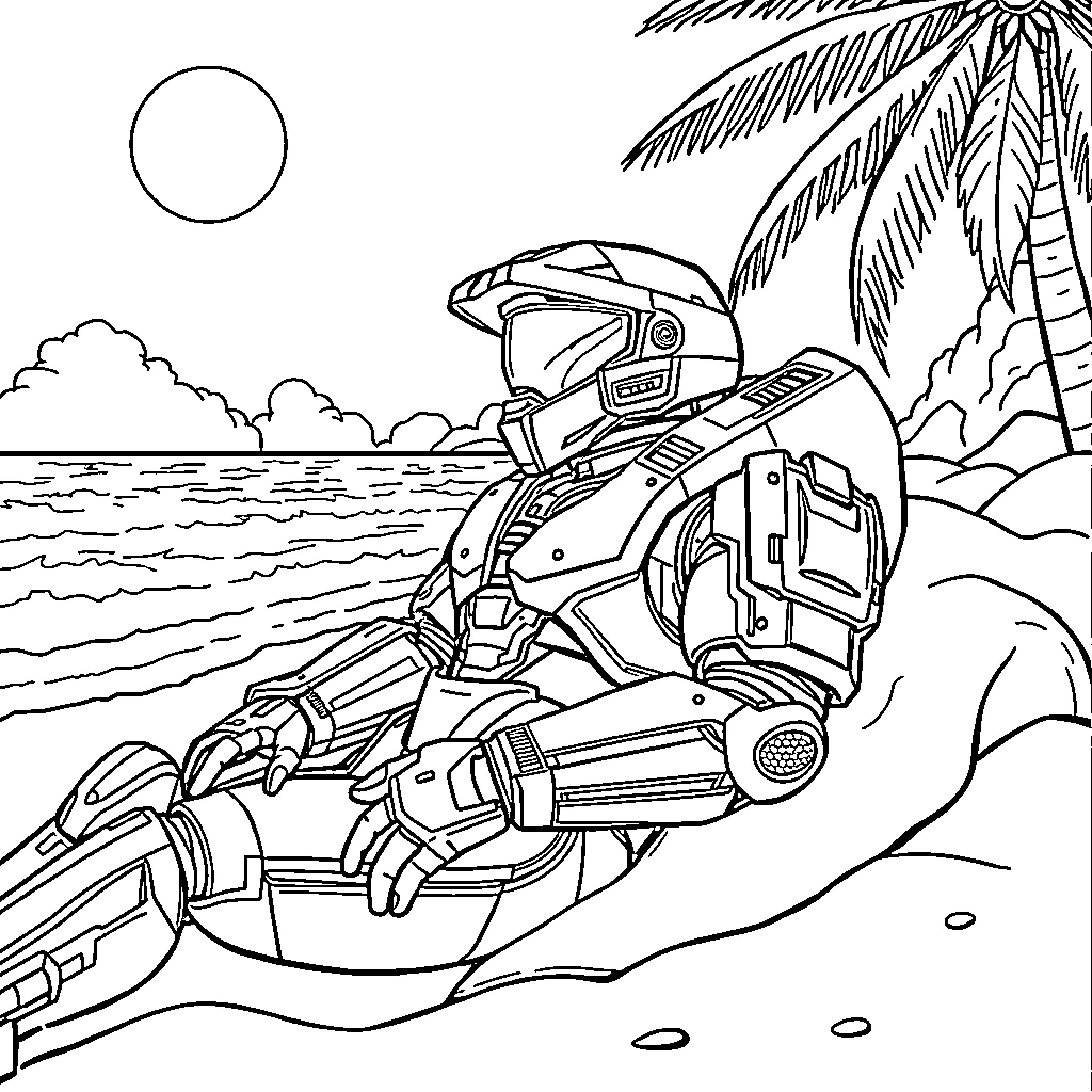 Master Chief on a futuristic hover vehicle near the ocean Coloring Page (free black-and-white line drawing printable PDF for all, from beginners to advanced learners, including children, teens, adults, and seniors)