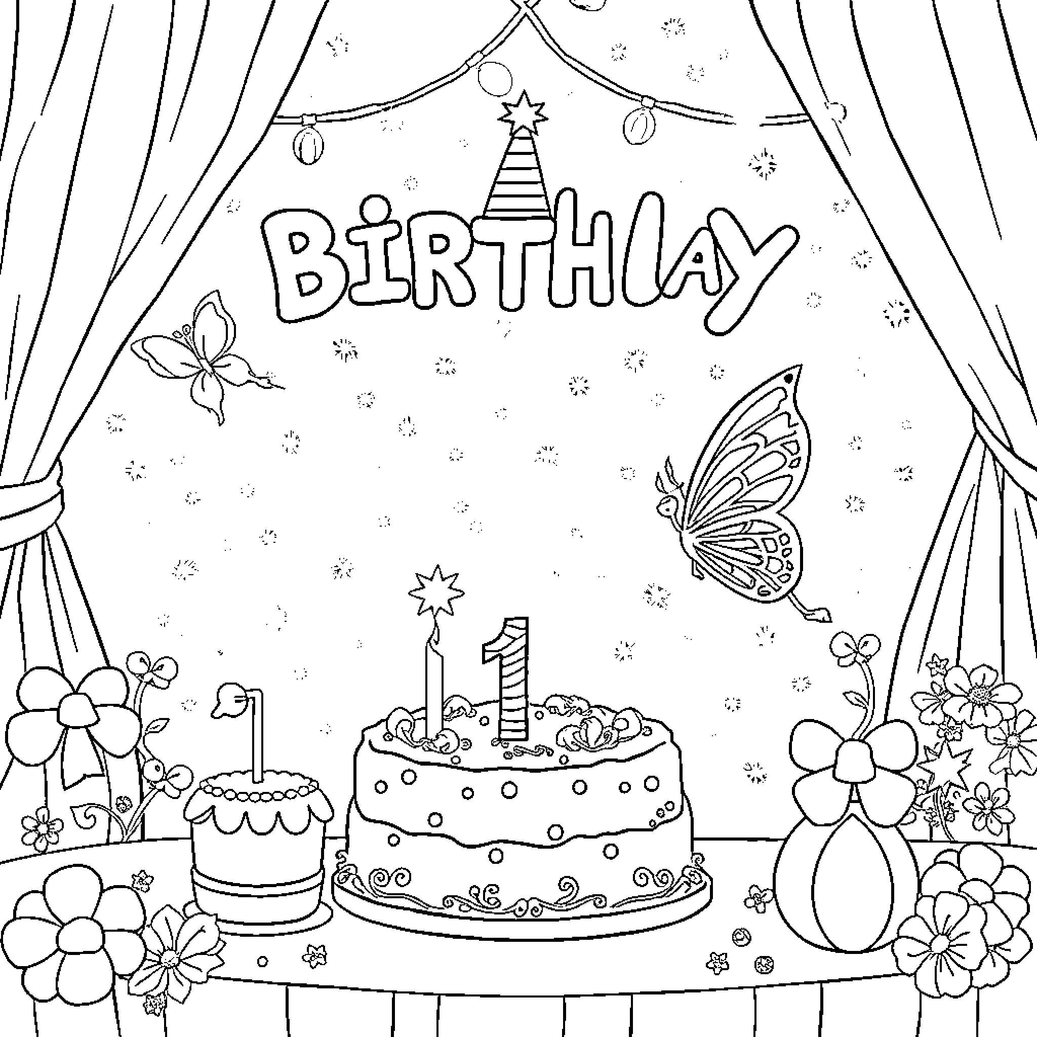 Fairy's Birthday Celebration with Cake and Flowers Coloring Page (free black-and-white line drawing printable PDF for all, from beginners to advanced learners, including children, teens, adults, and seniors)