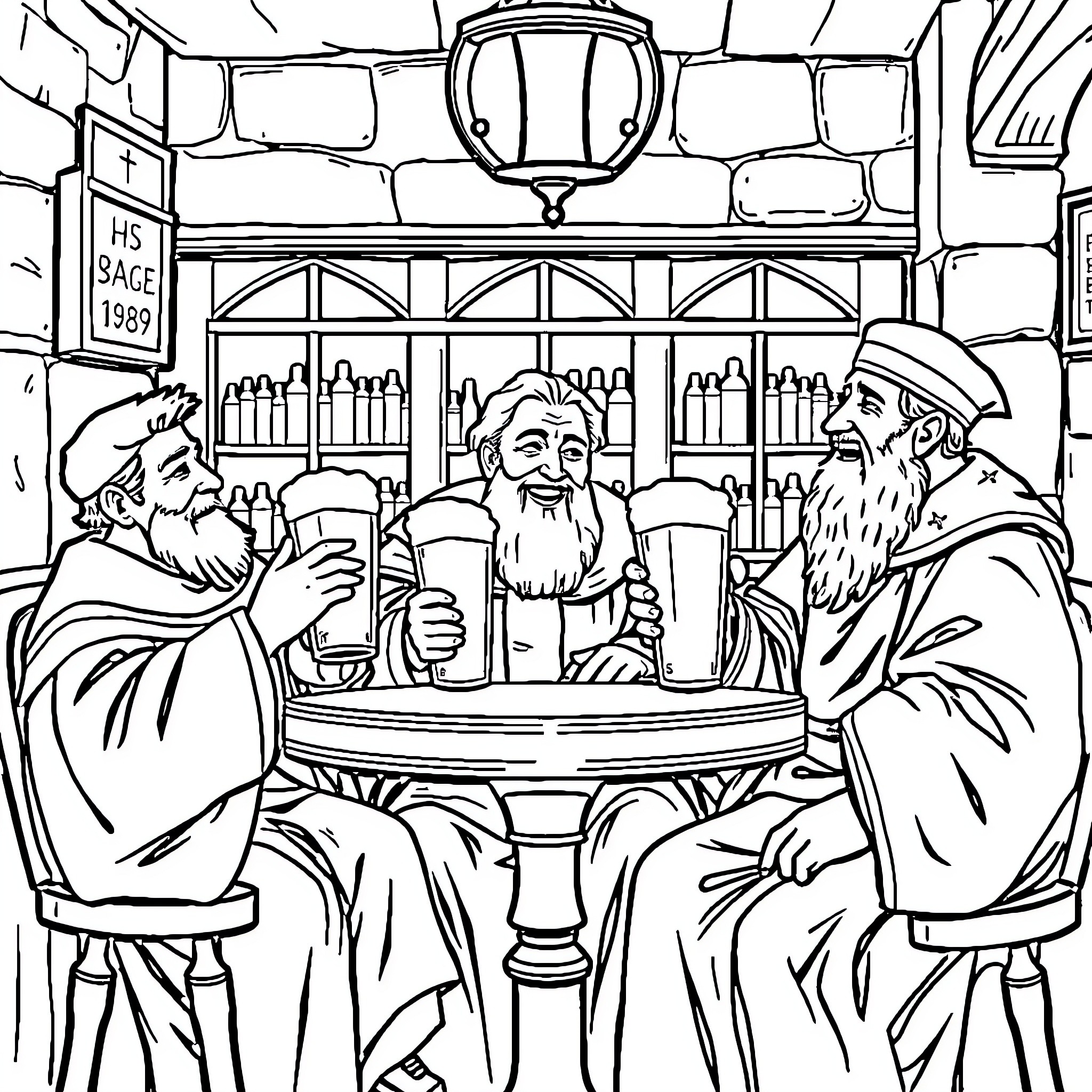 Saint Monks Enjoying Drinks at a Bar Coloring Page (free black-and-white line drawing printable PDF for all, from beginners to advanced learners, including children, teens, adults, and seniors)