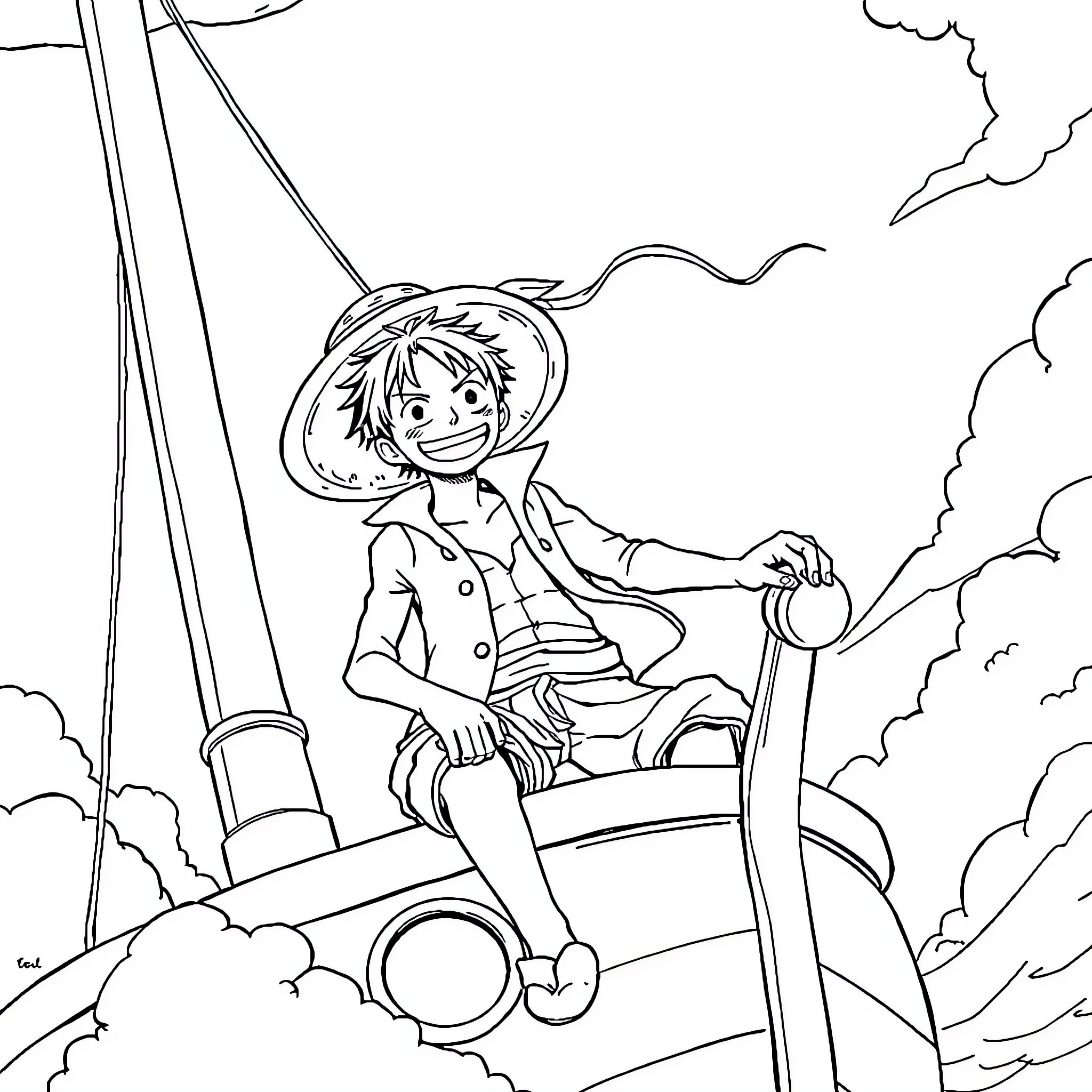 Luffy Sailing Bravely on the High Seas Coloring Page (free black-and-white line drawing printable PDF for all, from beginners to advanced learners, including children, teens, adults, and seniors)