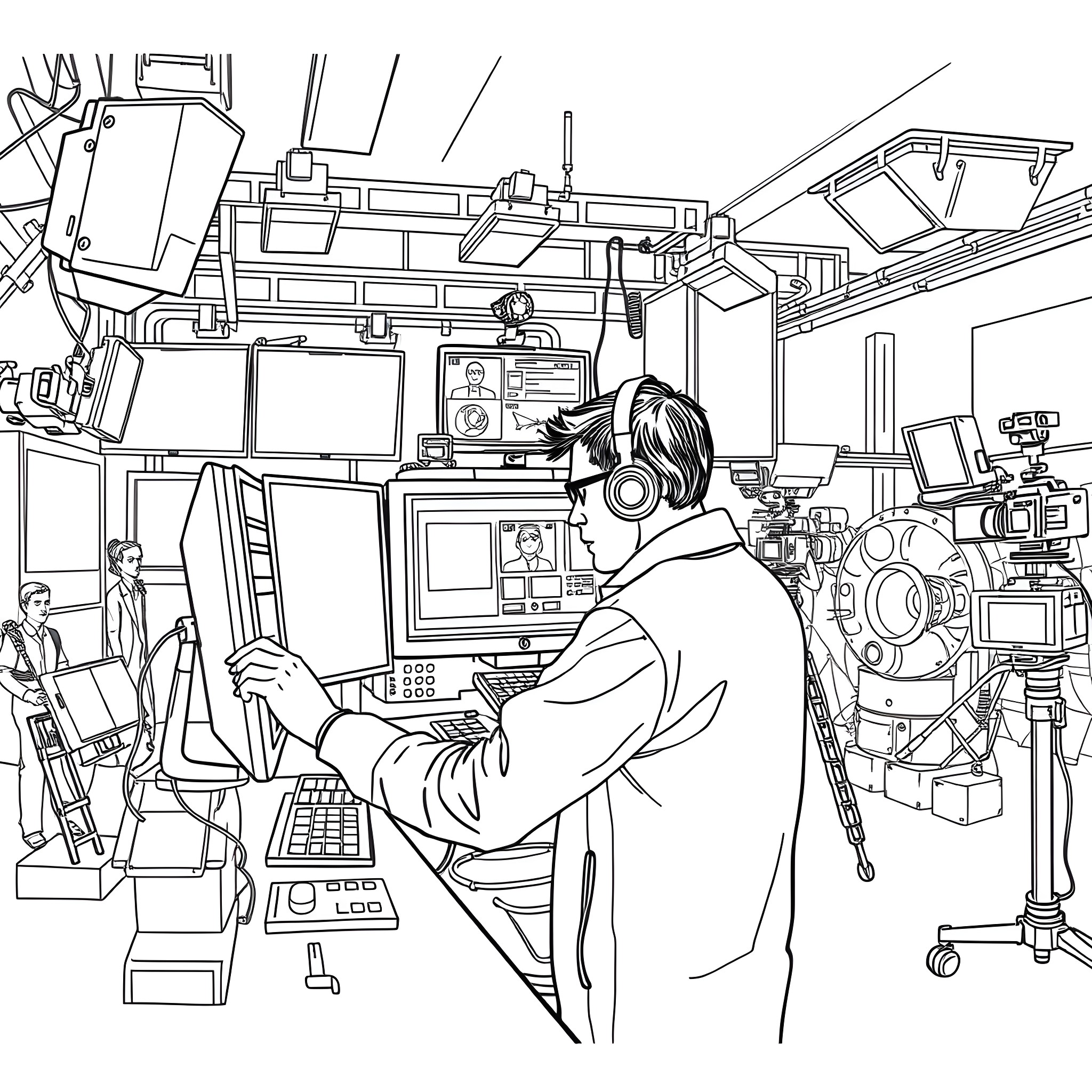 Technician working in a broadcasting studio Coloring Page (free black-and-white line drawing printable PDF for all, from beginners to advanced learners, including children, teens, adults, and seniors)