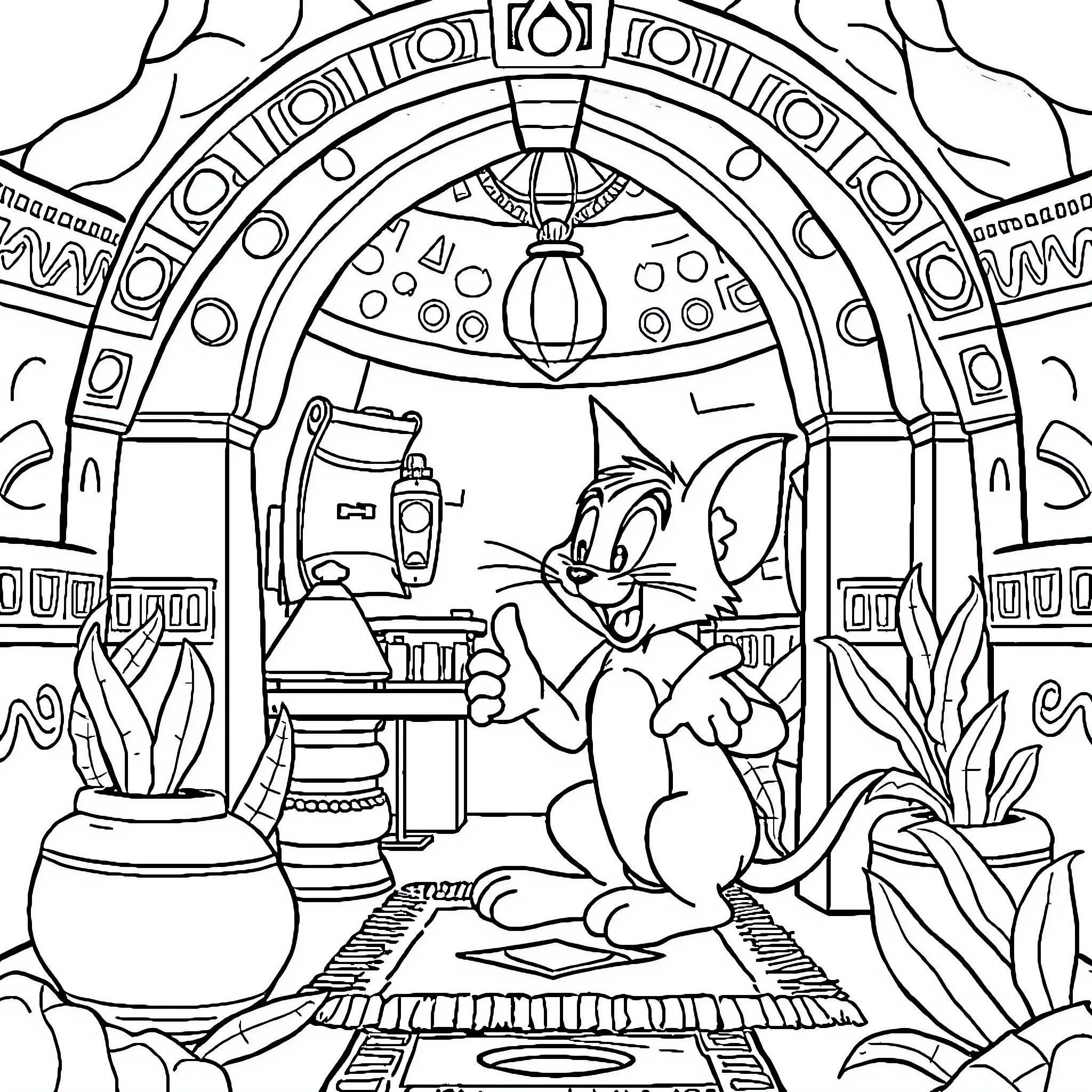 Tom and Jerry exploring an ancient temple Coloring Page (free black-and-white line drawing printable PDF for all, from beginners to advanced learners, including children, teens, adults, and seniors)