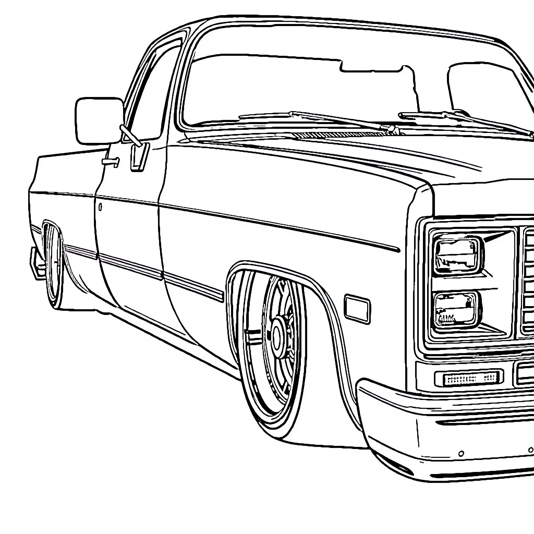 Chevy Truck's Striking Profile and Stylish Design Coloring Page (free black-and-white line drawing printable PDF for all, from beginners to advanced learners, including children, teens, adults, and seniors)