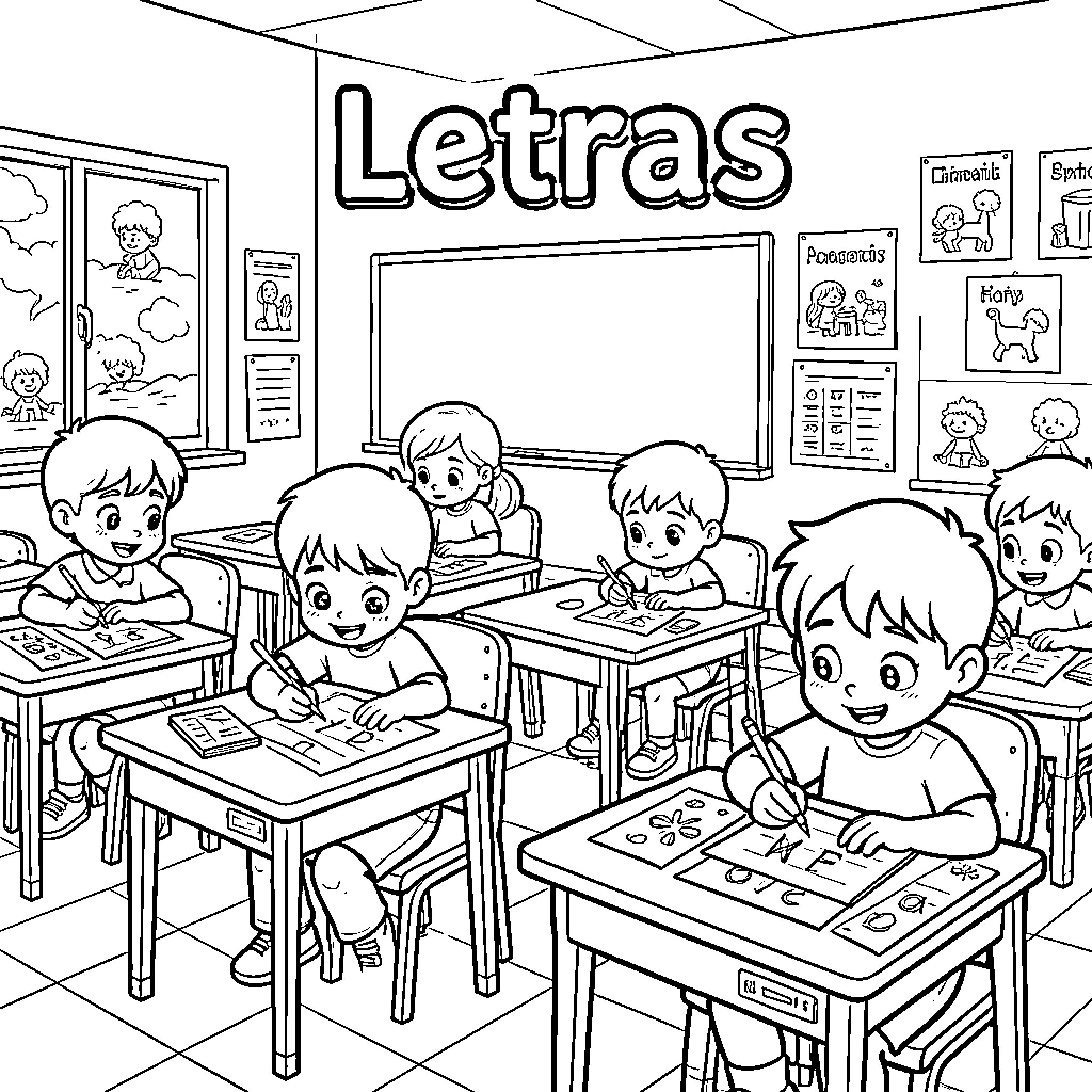 Niño and classmates writing letters at school desks Coloring Page (free black-and-white line drawing printable PDF for all, from beginners to advanced learners, including children, teens, adults, and seniors)