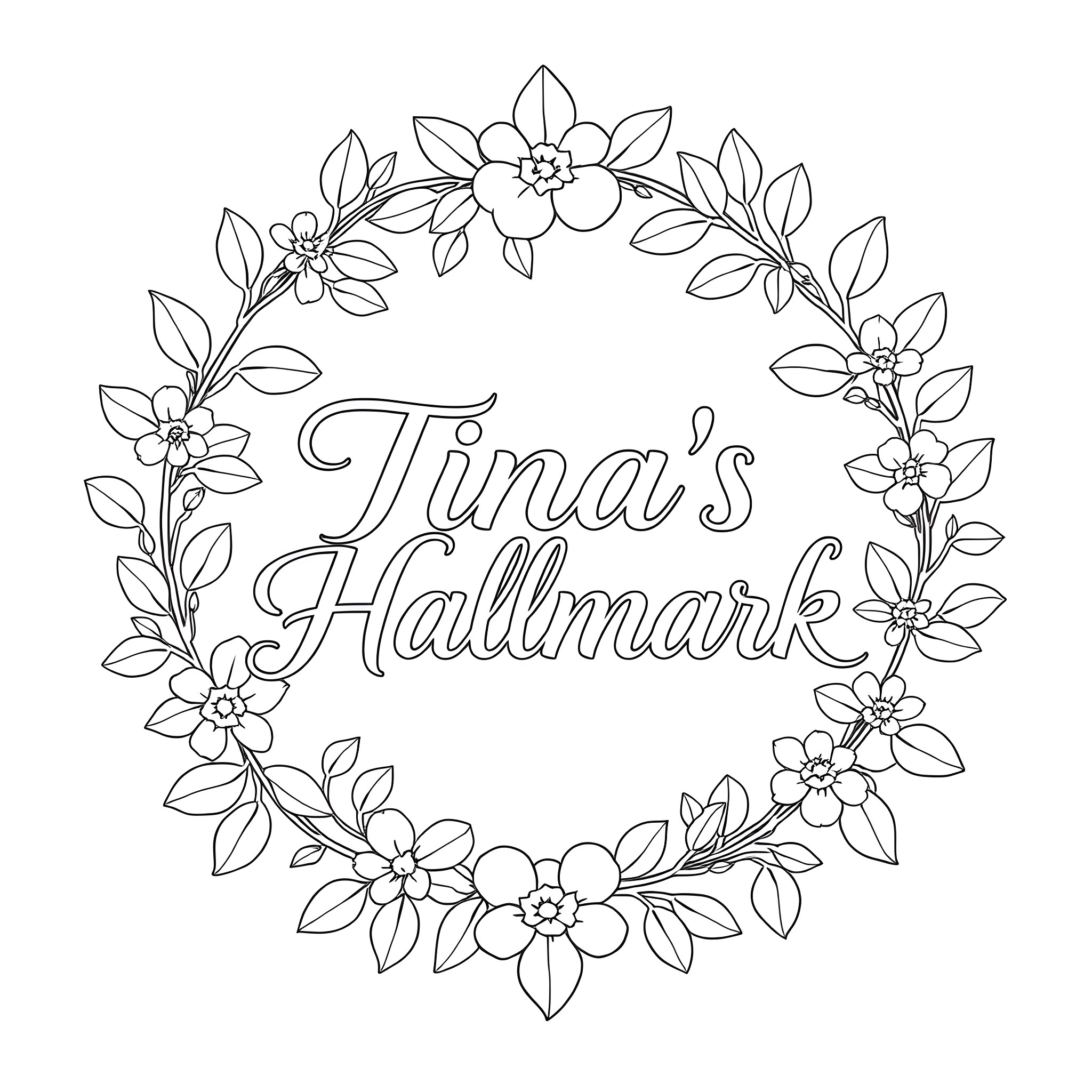 Logo with floral wreath and text Coloring Page (free black-and-white line drawing printable PDF for all, from beginners to advanced learners, including children, teens, adults, and seniors)
