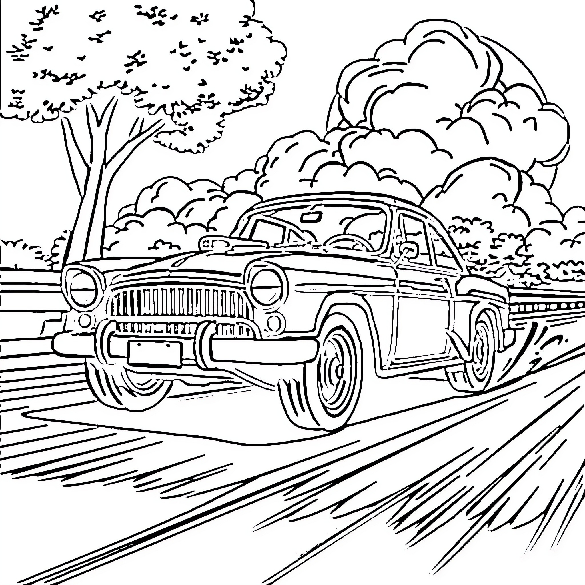 Car speeding down a rural road Coloring Page (free black-and-white line drawing printable PDF for all, from beginners to advanced learners, including children, teens, adults, and seniors)