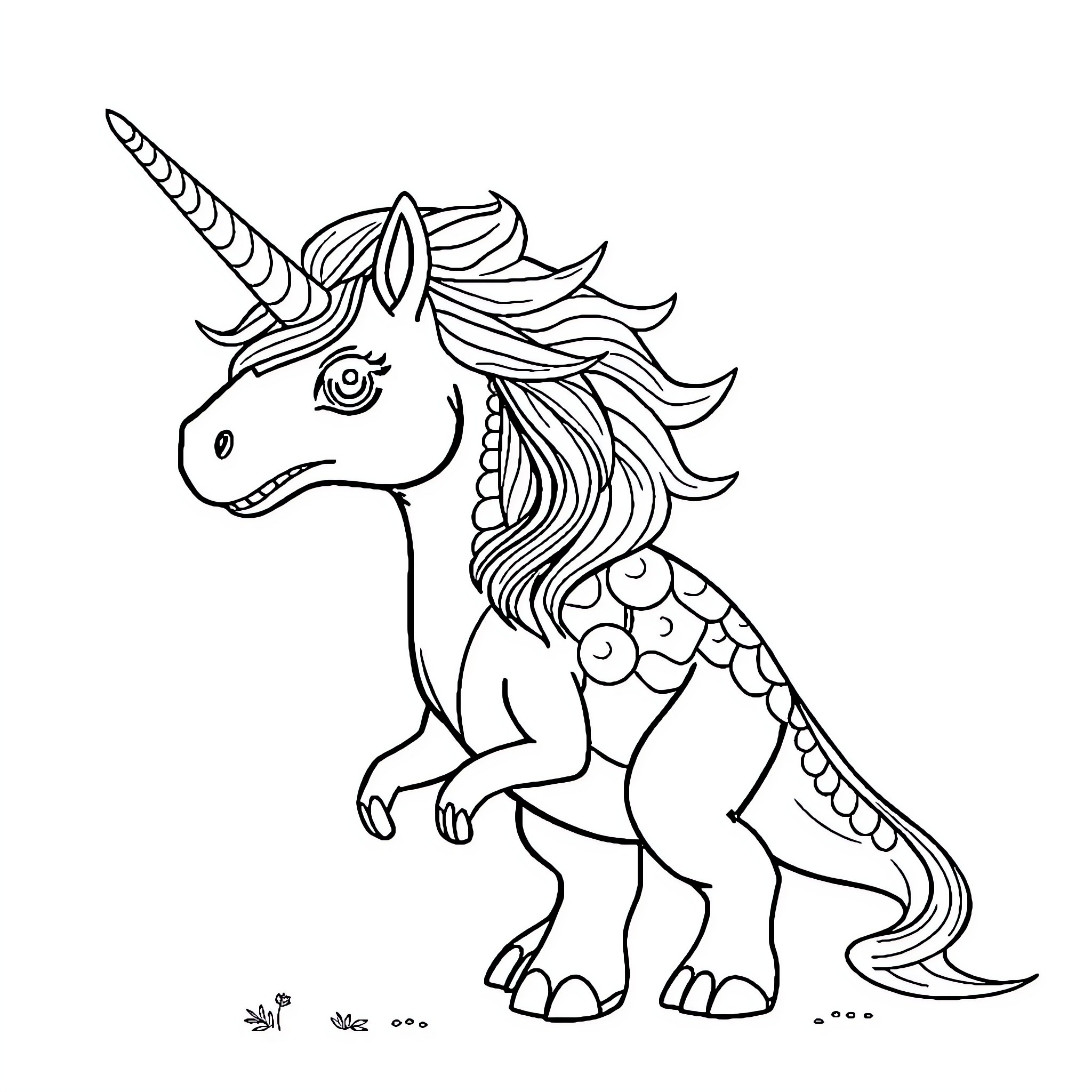 Unicorn Dinosaur striking a playful pose Coloring Page (free black-and-white line drawing printable PDF for all, from beginners to advanced learners, including children, teens, adults, and seniors)