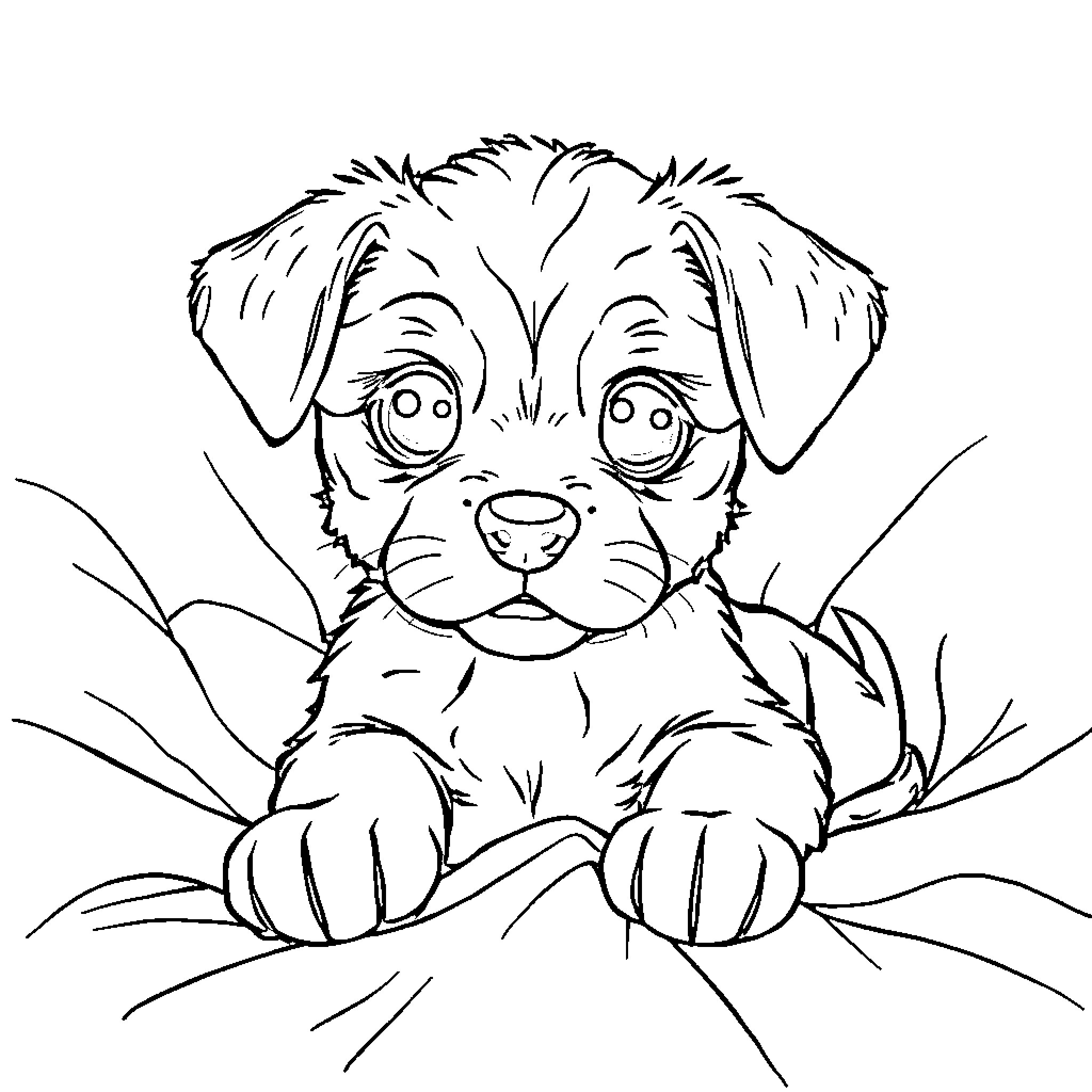 Puppy peering curiously from the grass Coloring Page (free black-and-white line drawing printable PDF for all, from beginners to advanced learners, including children, teens, adults, and seniors)