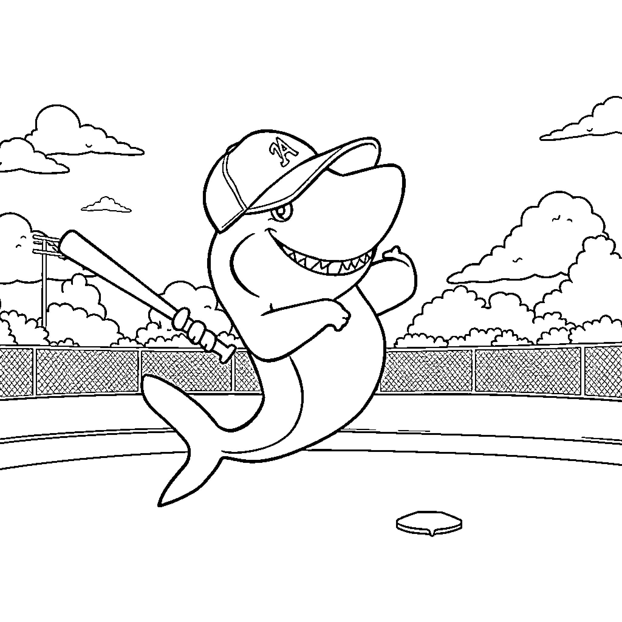 Shark playing baseball with enthusiasm Coloring Page (free black-and-white line drawing printable PDF for all, from beginners to advanced learners, including children, teens, adults, and seniors)