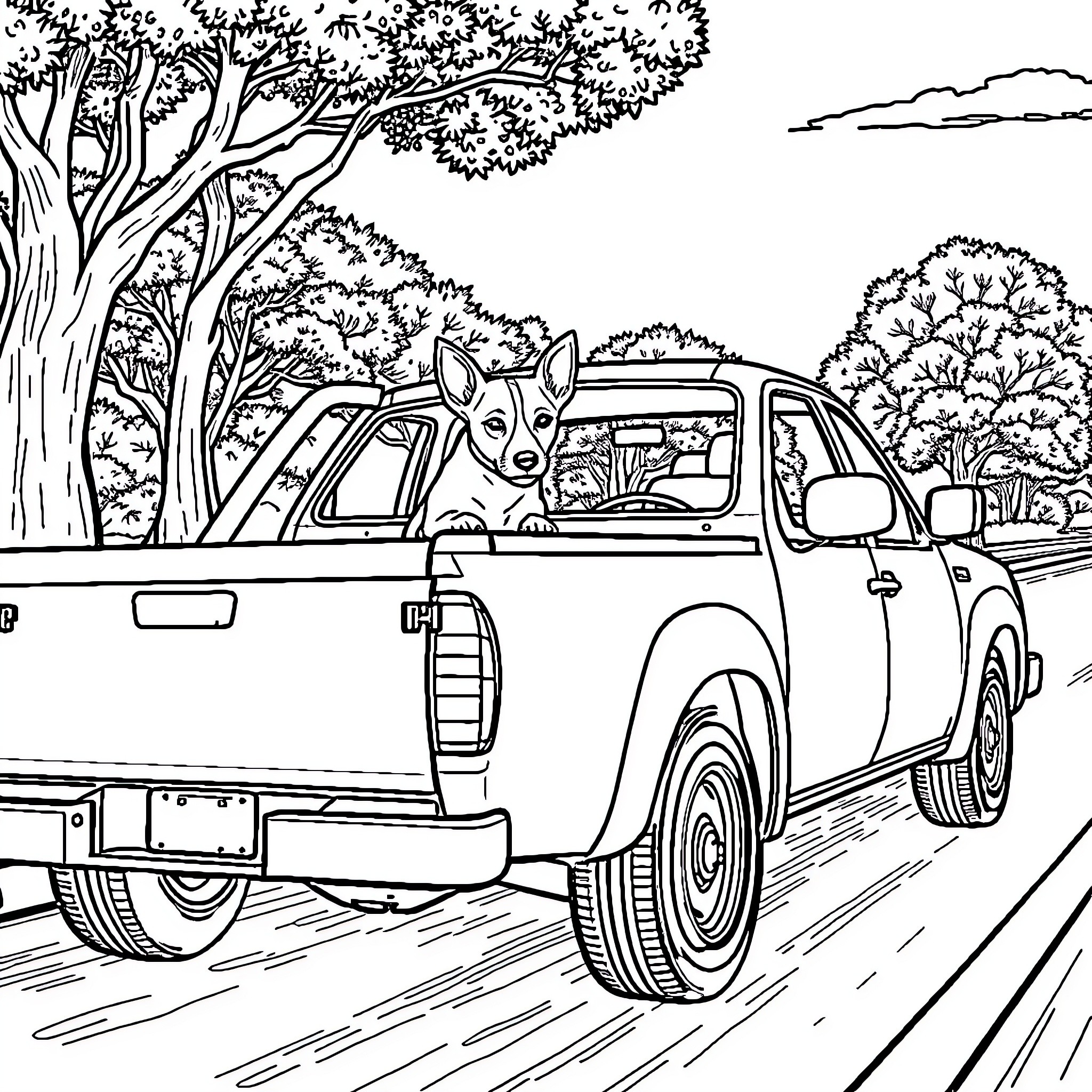 Ute truck traversing scenic forest path Coloring Page (free black-and-white line drawing printable PDF for all, from beginners to advanced learners, including children, teens, adults, and seniors)