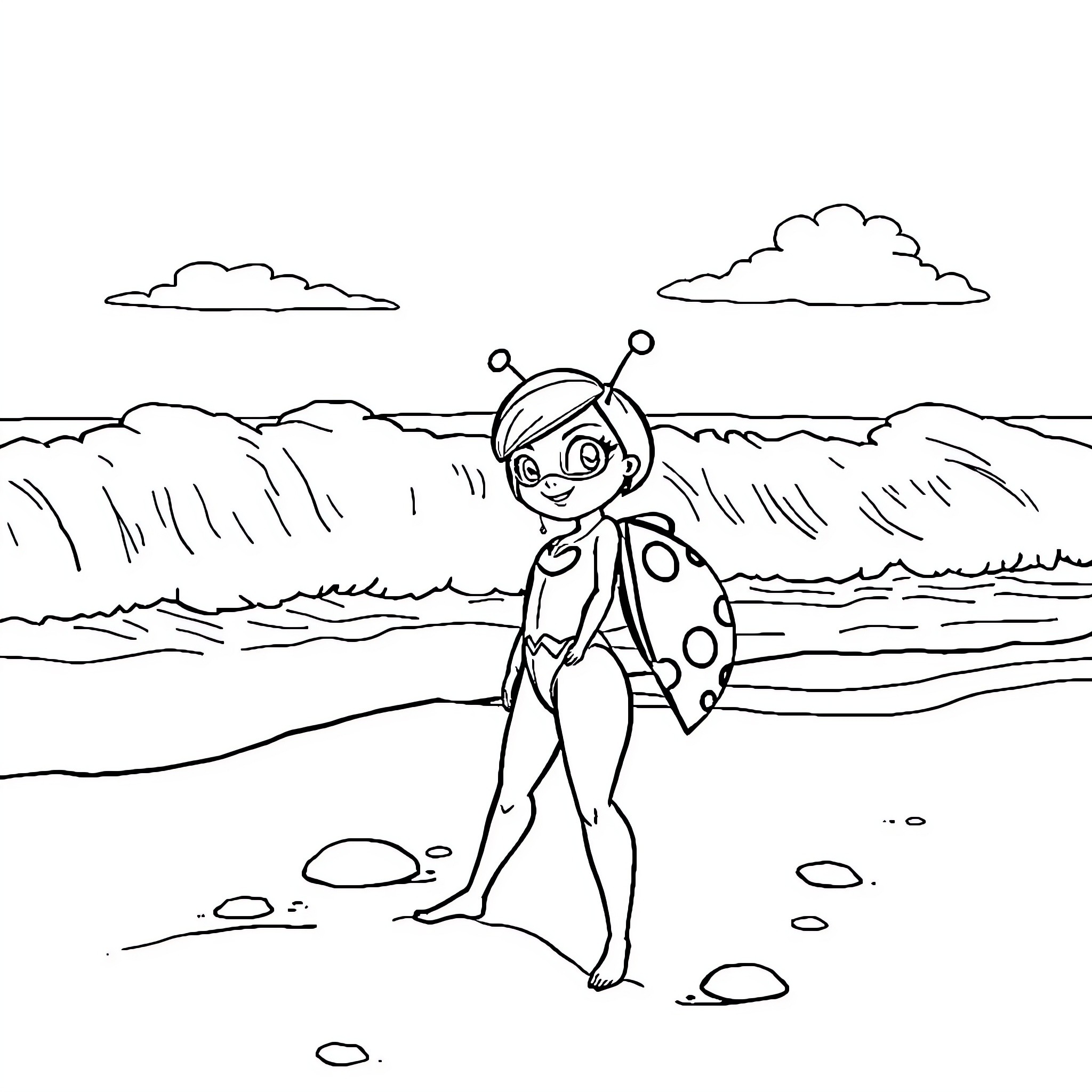 Ladybug exploring the beach landscape Coloring Page (free black-and-white line drawing printable PDF for all, from beginners to advanced learners, including children, teens, adults, and seniors)