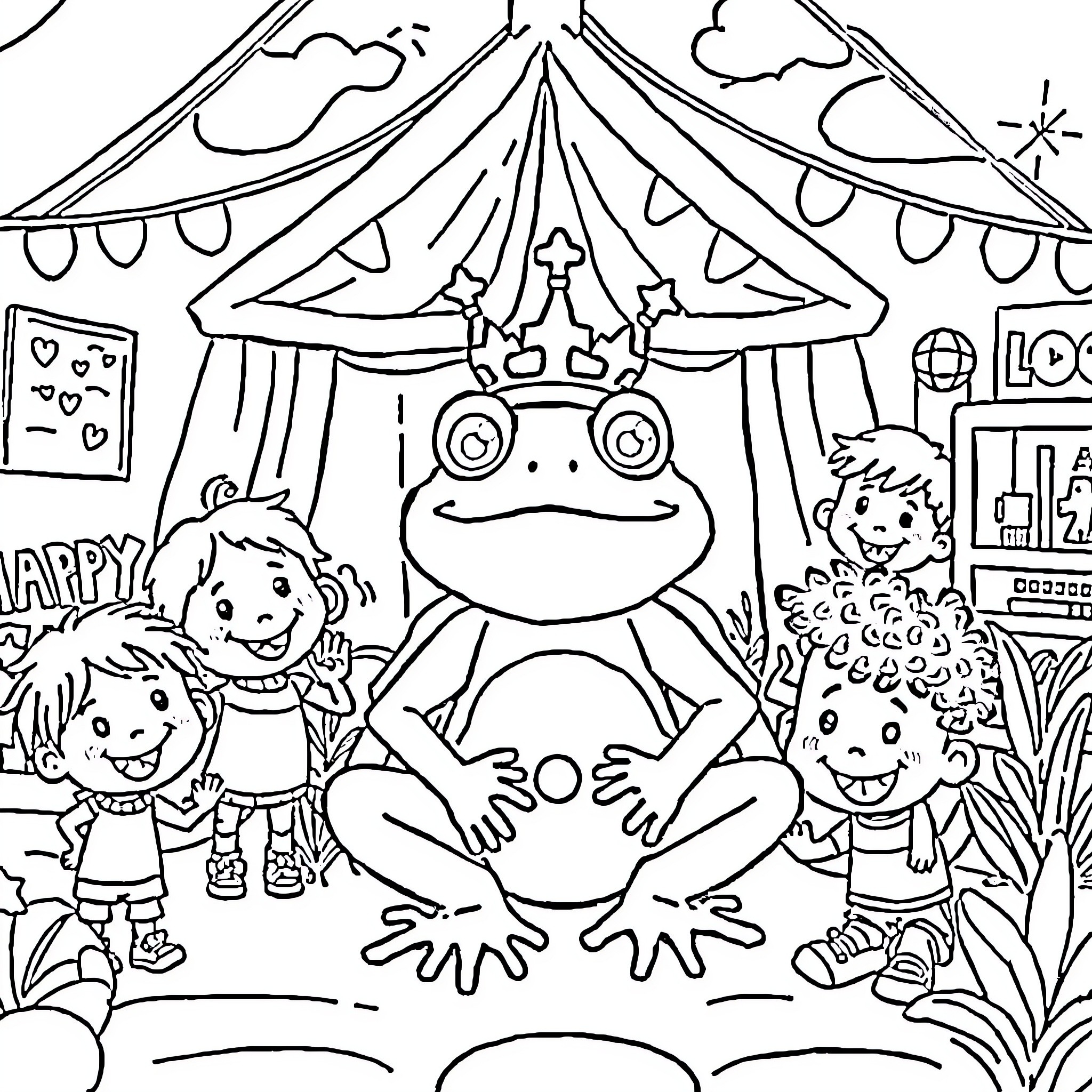 Frog enjoying the carnival with happy children Coloring Page (free black-and-white line drawing printable PDF for all, from beginners to advanced learners, including children, teens, adults, and seniors)