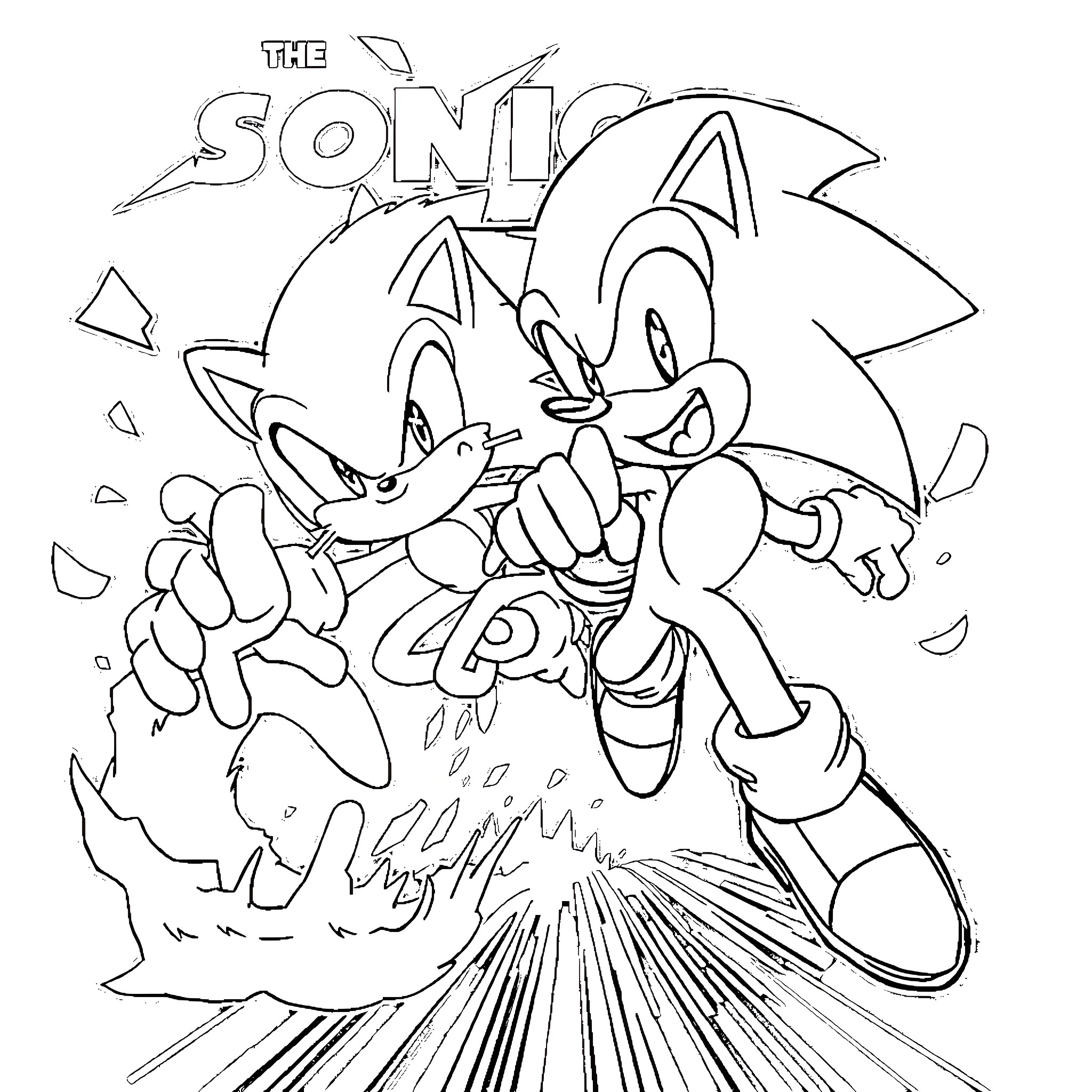 Sonic characters in action-packed scene Coloring Page (free black-and-white line drawing printable PDF for all, from beginners to advanced learners, including children, teens, adults, and seniors)