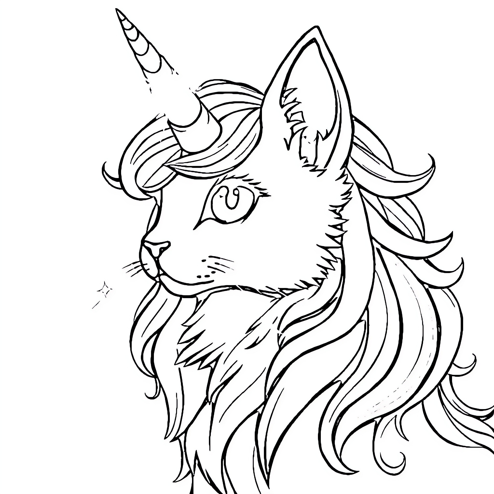 Unicorn Cat with whimsical features Coloring Page (free black-and-white line drawing printable PDF for all, from beginners to advanced learners, including children, teens, adults, and seniors)
