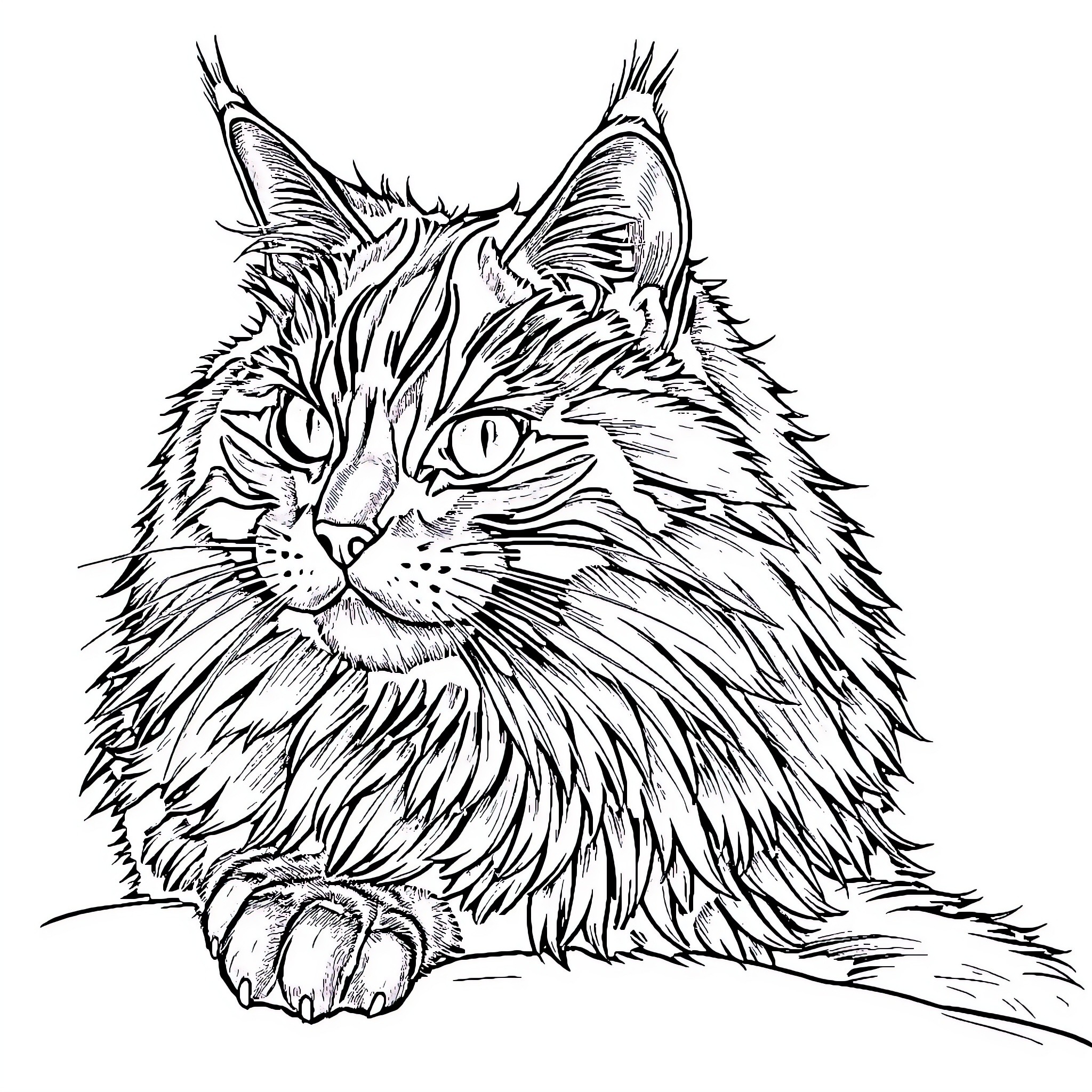 Maine Coon cat in pensive pose Coloring Page (free black-and-white line drawing printable PDF for all, from beginners to advanced learners, including children, teens, adults, and seniors)