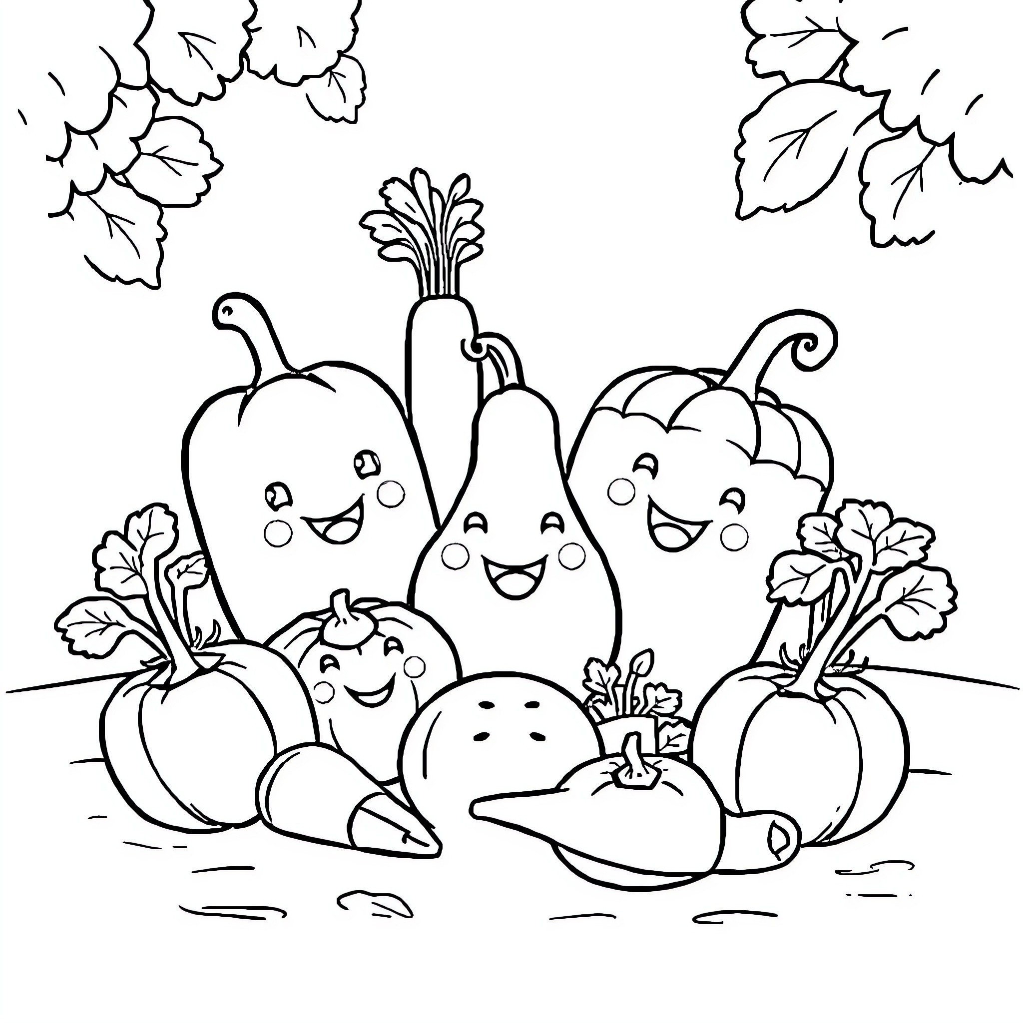 Vegetable Characters in Playful Garden Scene Coloring Page (free black-and-white line drawing printable PDF for all, from beginners to advanced learners, including children, teens, adults, and seniors)