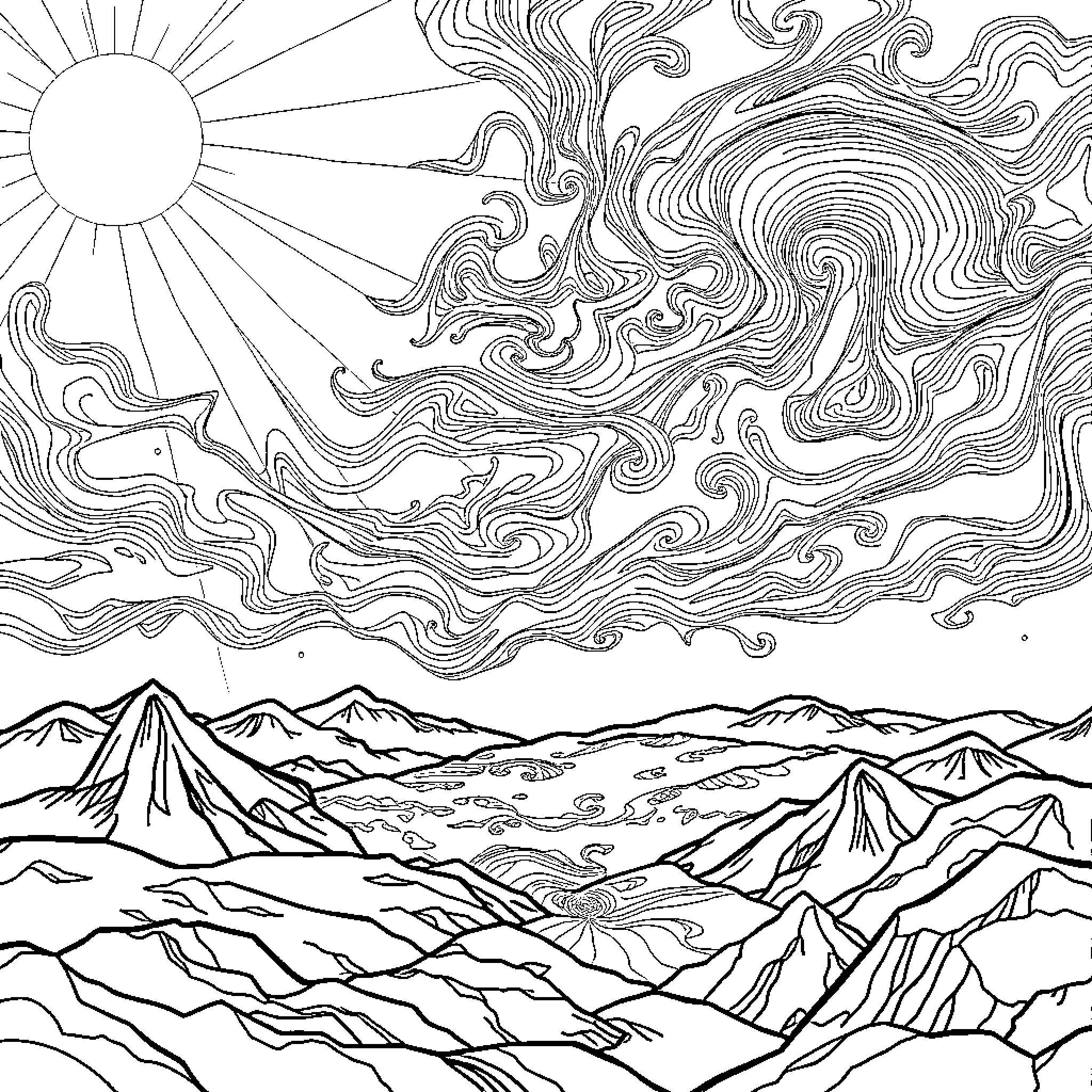 God's Radiant Sky and Majestic Mountains Coloring Page (free black-and-white line drawing printable PDF for all, from beginners to advanced learners, including children, teens, adults, and seniors)