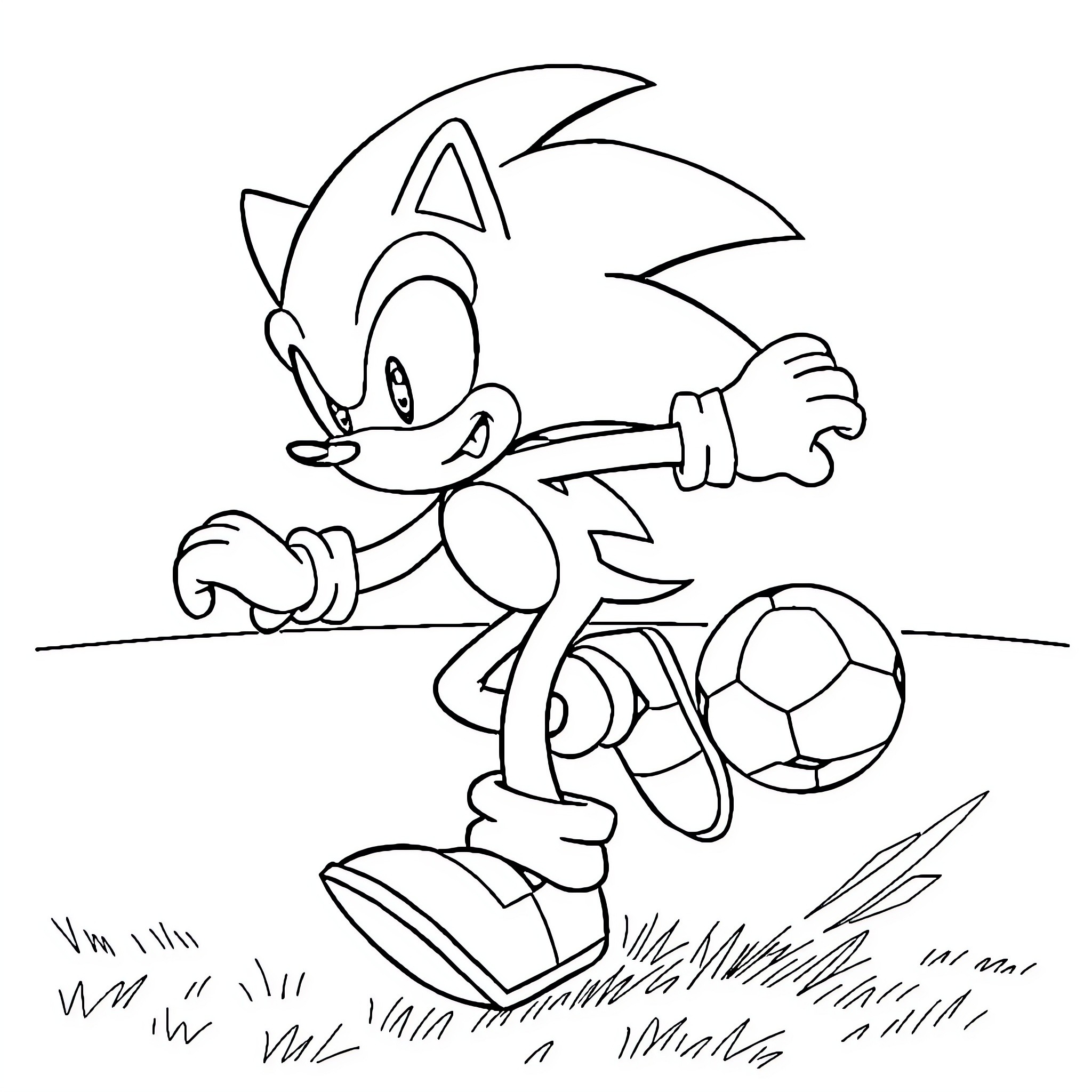 Sonic kicking a soccer ball on the field Coloring Page (free black-and-white line drawing printable PDF for all, from beginners to advanced learners, including children, teens, adults, and seniors)