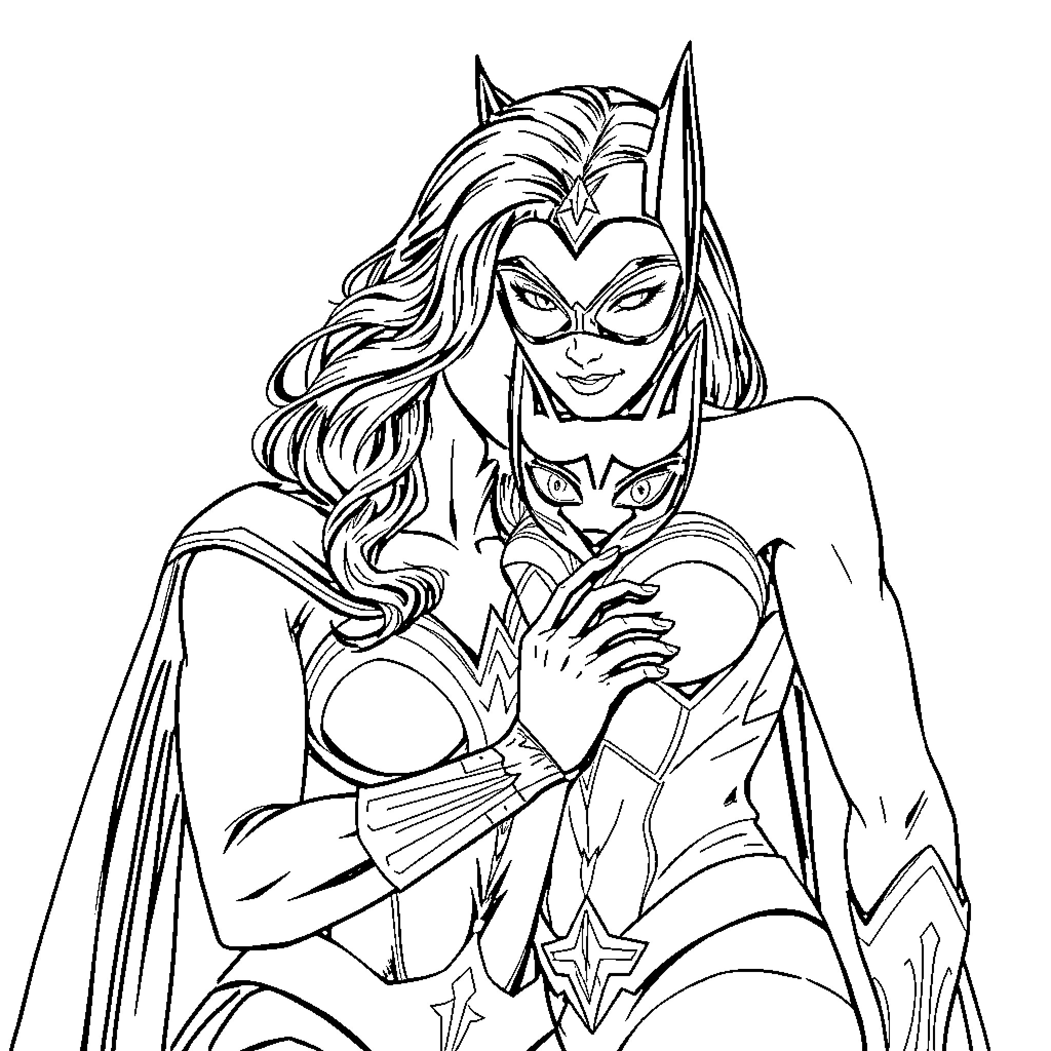 Wonder Woman in action pose with determination Coloring Page (free black-and-white line drawing printable PDF for all, from beginners to advanced learners, including children, teens, adults, and seniors)