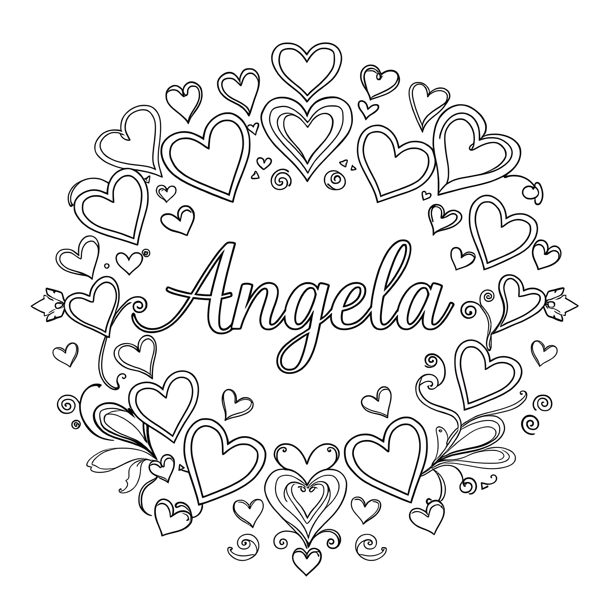 Angela's Whimsical Heart Wreath Coloring Page (free black-and-white line drawing printable PDF for all, from beginners to advanced learners, including children, teens, adults, and seniors)