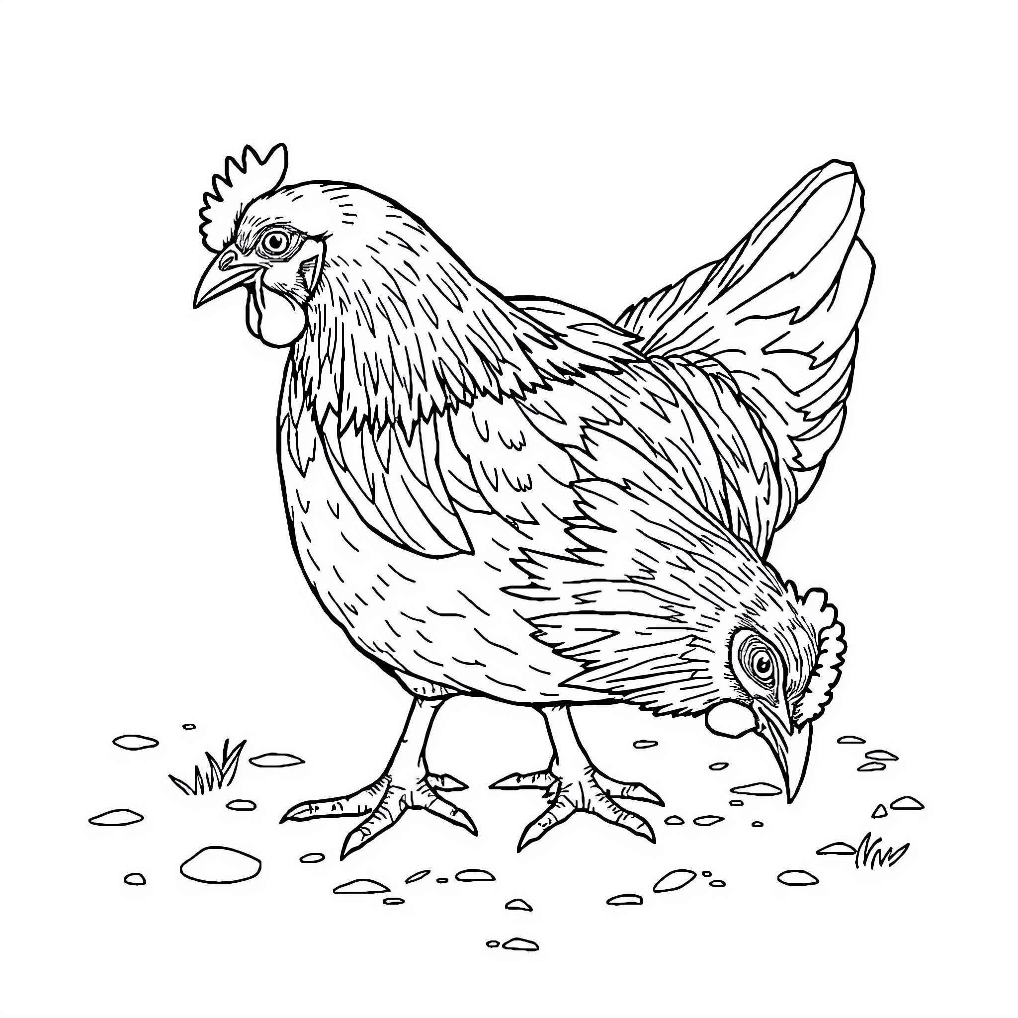 Chicken strutting peacefully on the ground Coloring Page (free black-and-white line drawing printable PDF for all, from beginners to advanced learners, including children, teens, adults, and seniors)