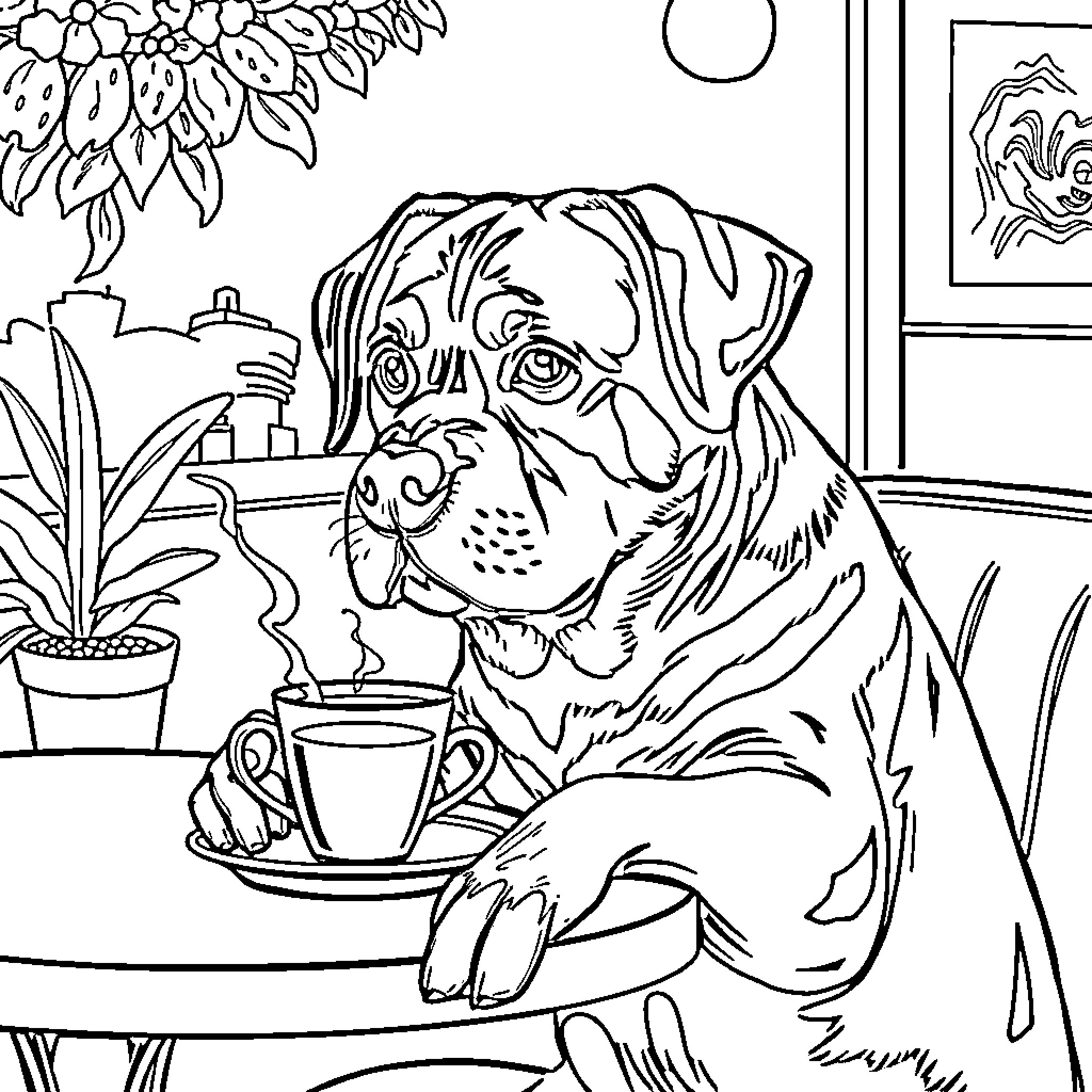 Rottweiler enjoying a cozy indoor scene Coloring Page (free black-and-white line drawing printable PDF for all, from beginners to advanced learners, including children, teens, adults, and seniors)