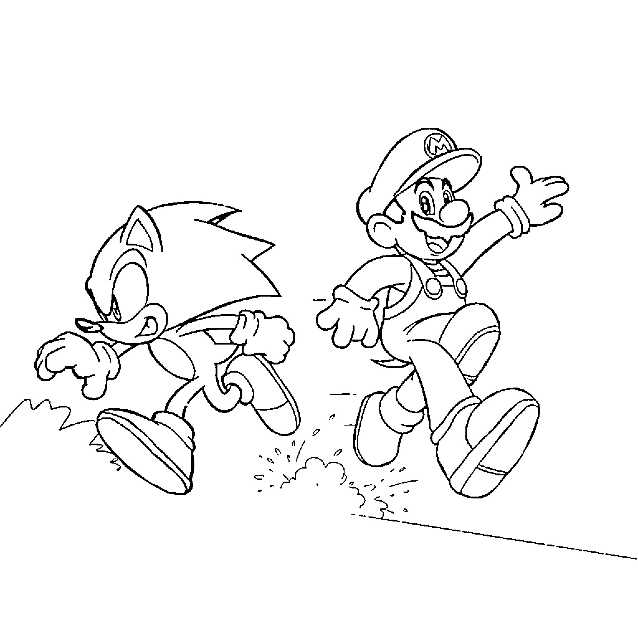 Sonic and Mario racing together with joyful expressions Coloring Page (free black-and-white line drawing printable PDF for all, from beginners to advanced learners, including children, teens, adults, and seniors)