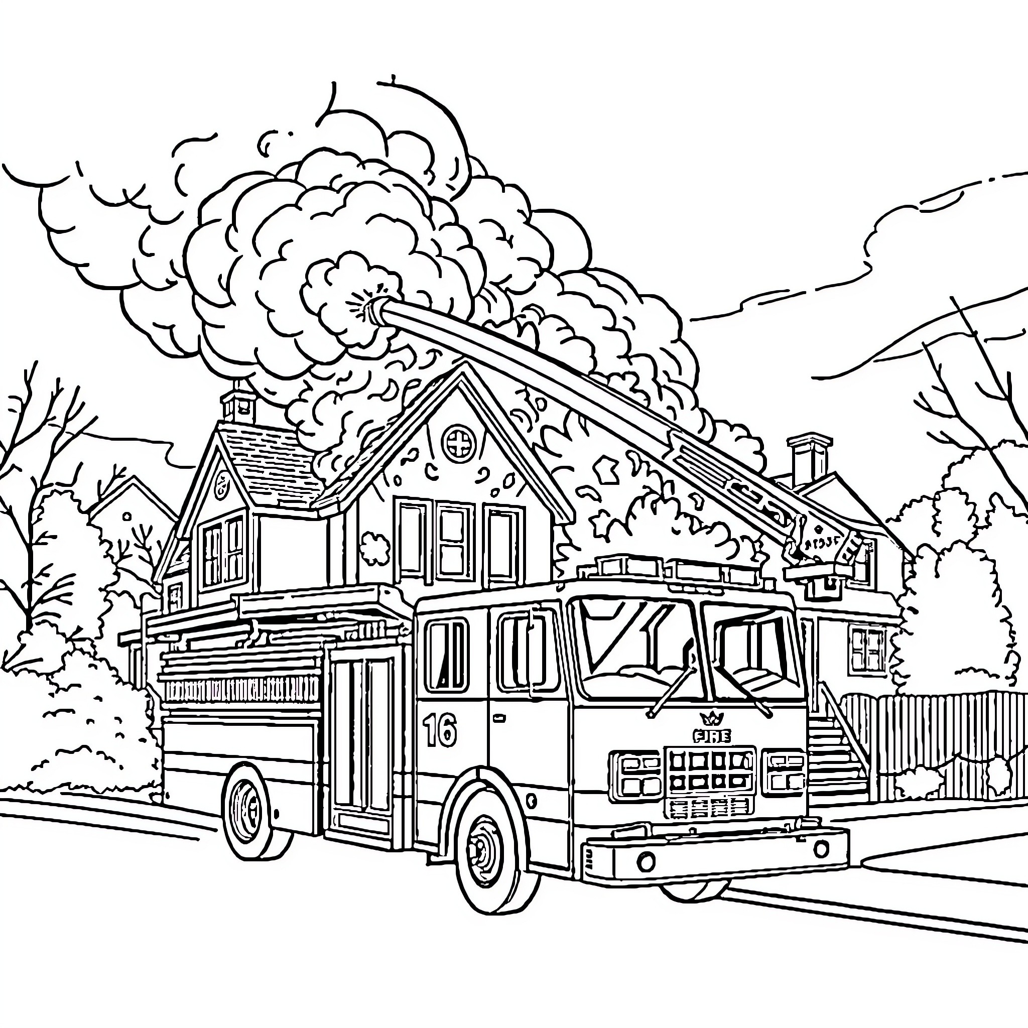 Fire Engine Responding to Emergency with Smoke Billowing Coloring Page (free black-and-white line drawing printable PDF for all, from beginners to advanced learners, including children, teens, adults, and seniors)