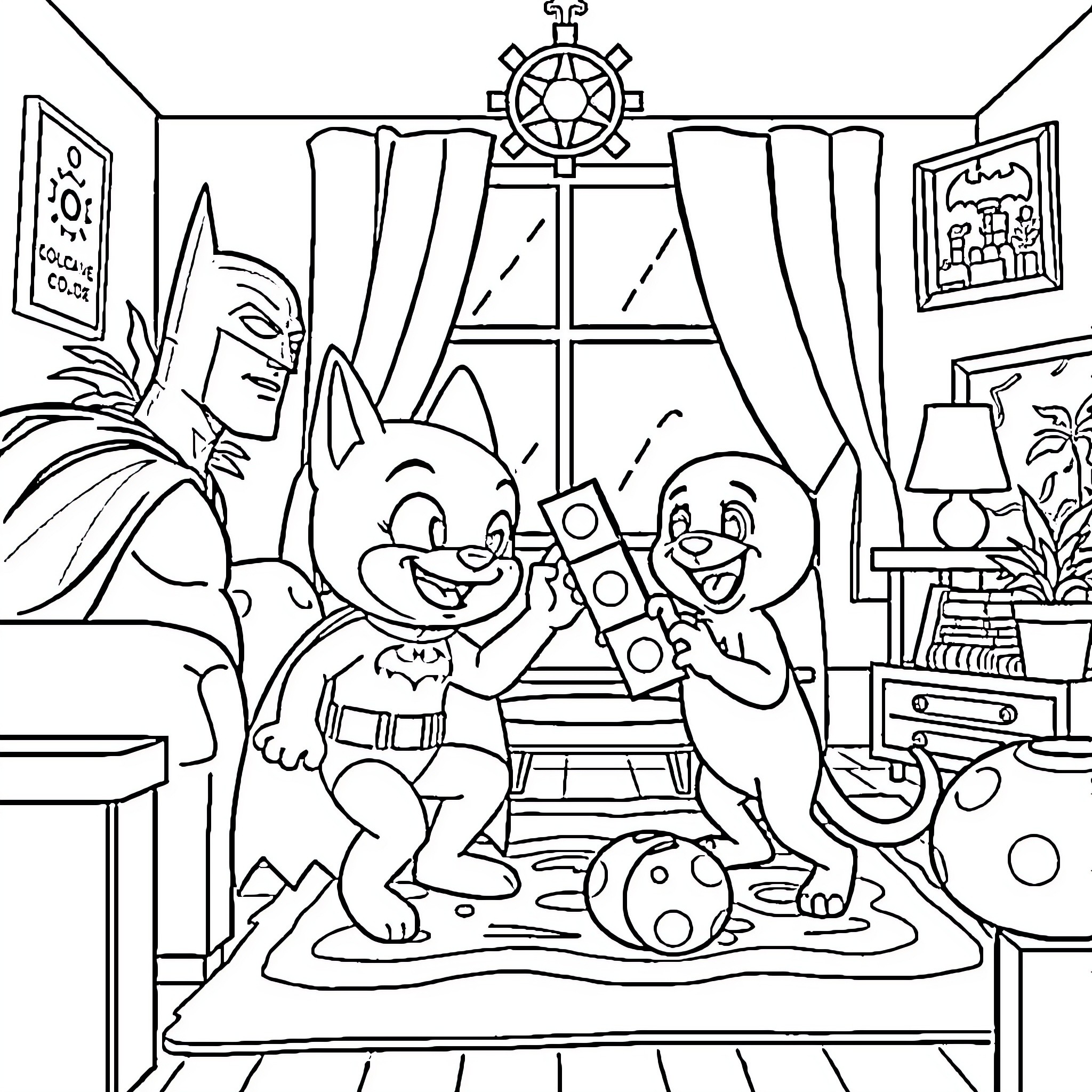 Bluey playing with her family in their home Coloring Page (free black-and-white line drawing printable PDF for all, from beginners to advanced learners, including children, teens, adults, and seniors)