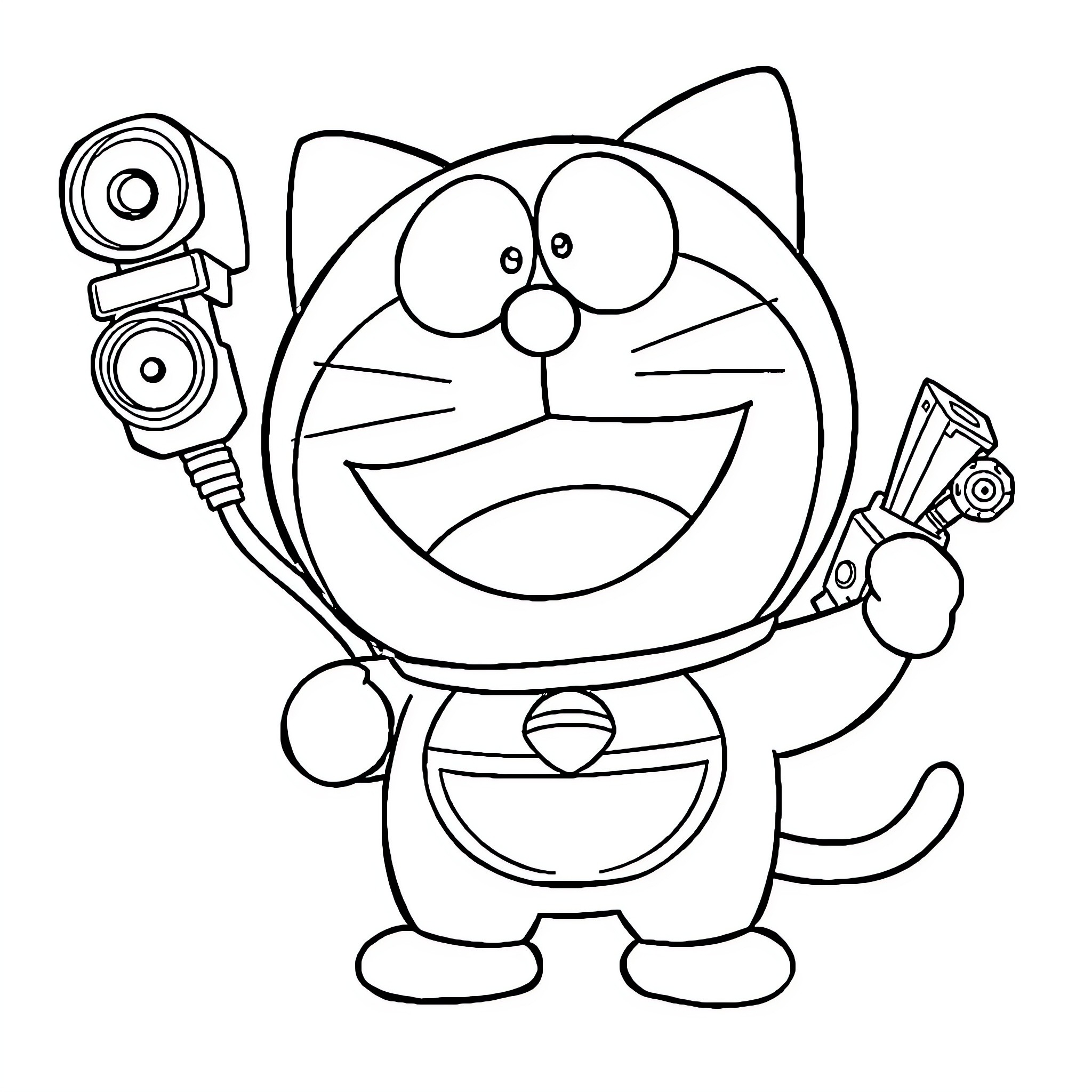 Doraemon using futuristic gadgets happily Coloring Page (free black-and-white line drawing printable PDF for all, from beginners to advanced learners, including children, teens, adults, and seniors)