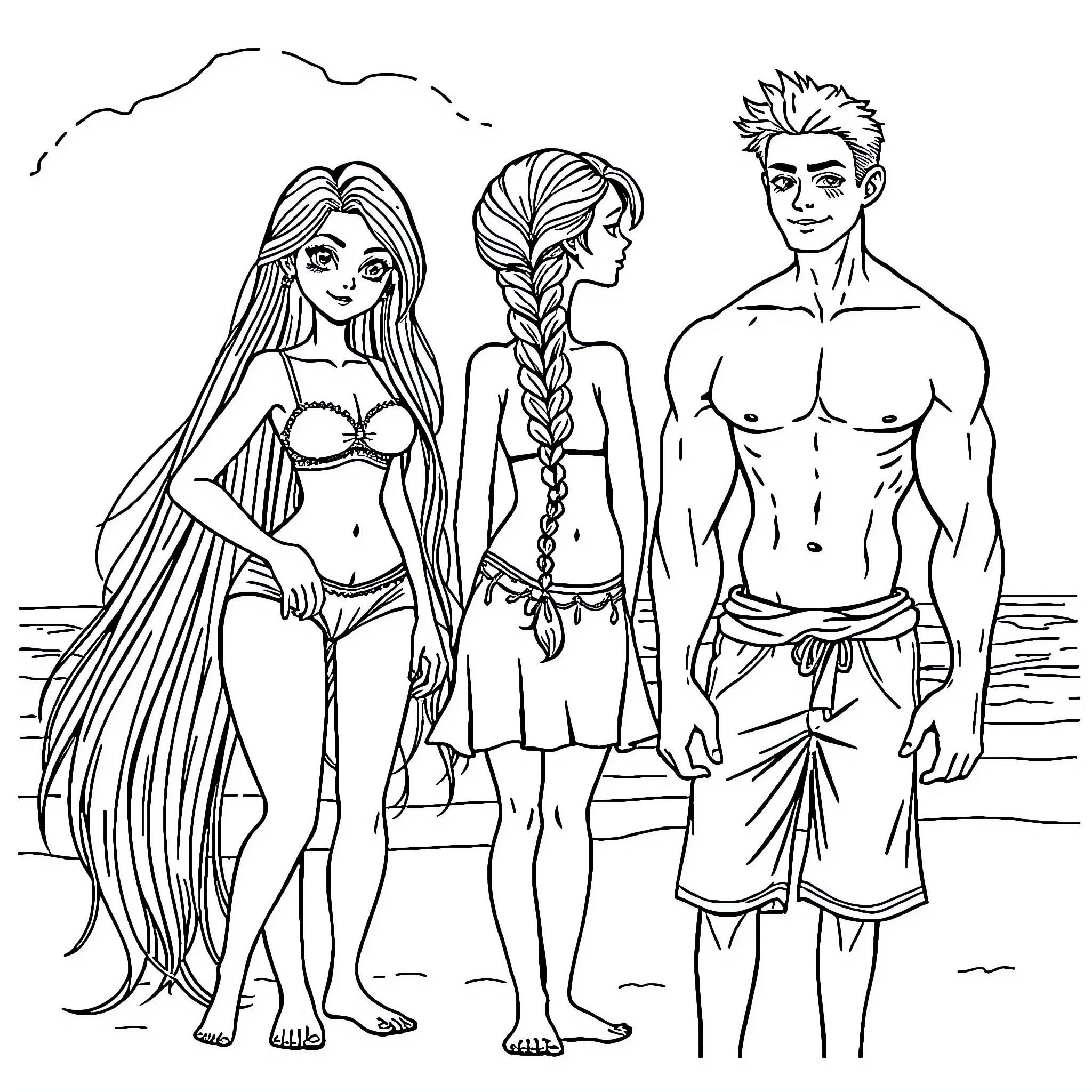 Girl, boy, and girl in swimwear on the beach Coloring Page (free black-and-white line drawing printable PDF for all, from beginners to advanced learners, including children, teens, adults, and seniors)