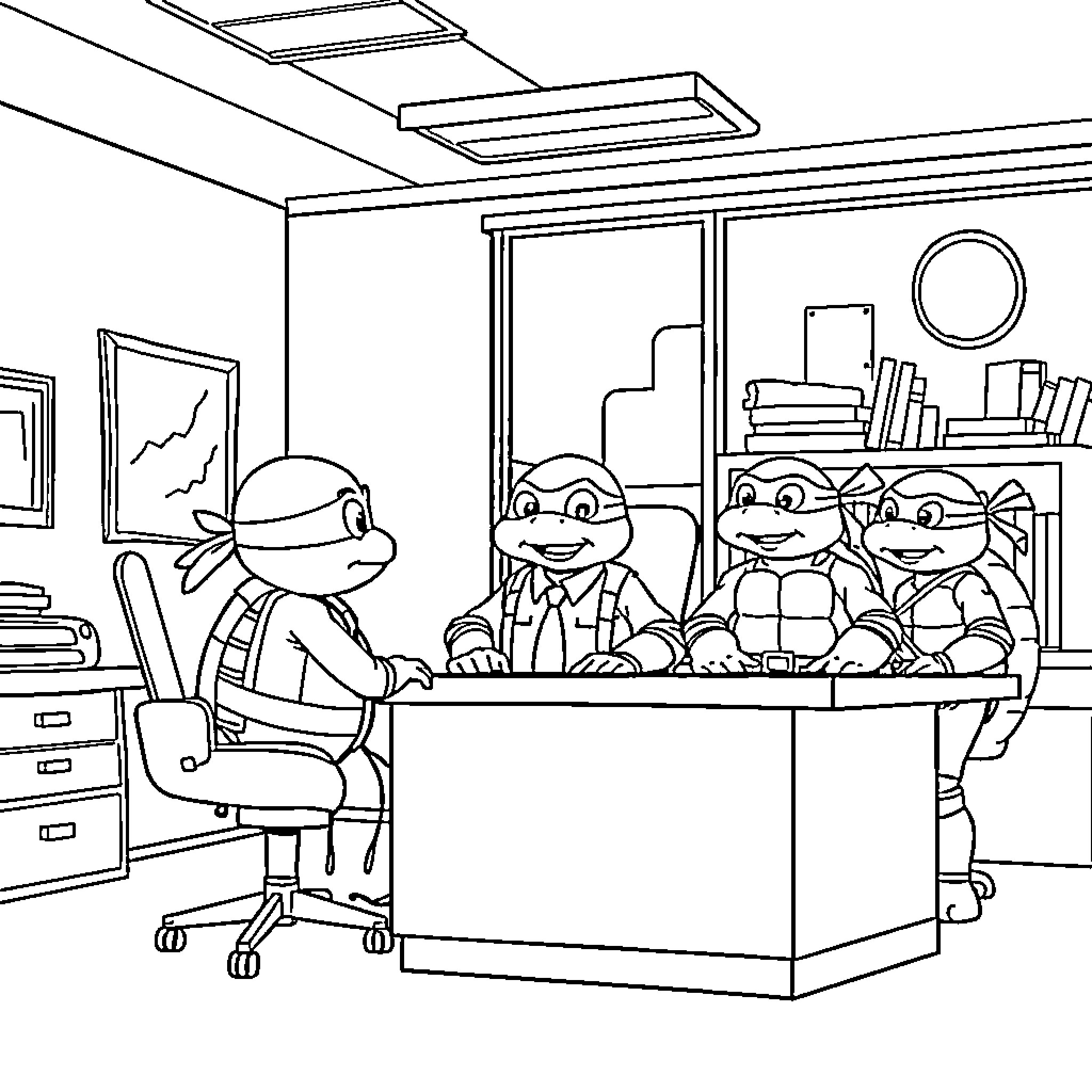 Baby Boss Oversees His Turtle Team in Office Coloring Page (free black-and-white line drawing printable PDF for all, from beginners to advanced learners, including children, teens, adults, and seniors)