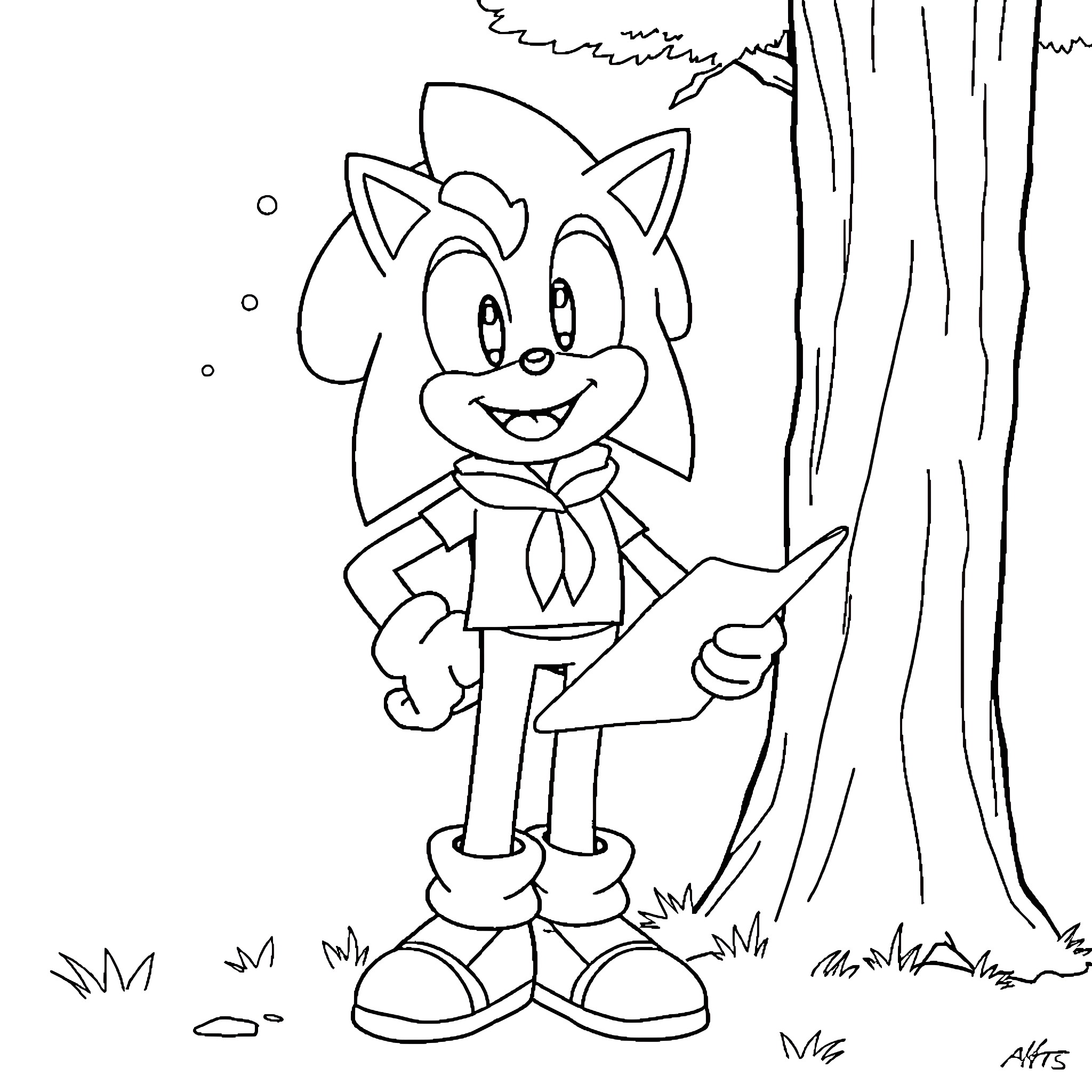 Sonic the Hedgehog exploring in the forest Coloring Page (free black-and-white line drawing printable PDF for all, from beginners to advanced learners, including children, teens, adults, and seniors)