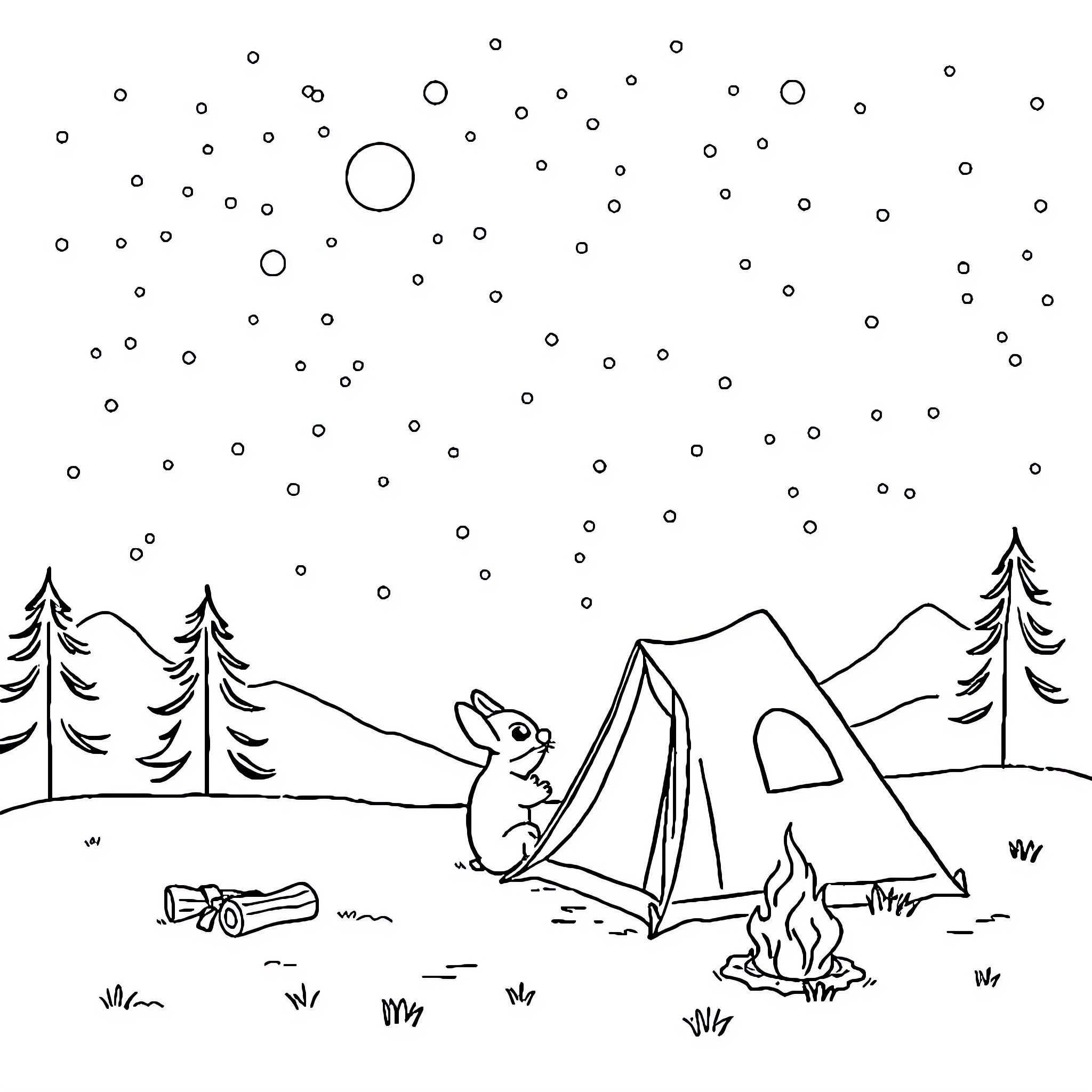 Stitch a camping adventure in the wild Coloring Page (free black-and-white line drawing printable PDF for all, from beginners to advanced learners, including children, teens, adults, and seniors)