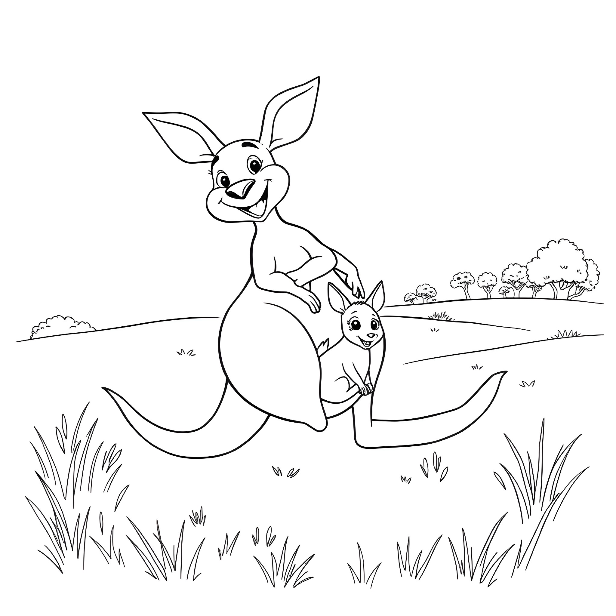 Kangaroos hopping joyfully in the meadow Coloring Page (free black-and-white line drawing printable PDF for all, from beginners to advanced learners, including children, teens, adults, and seniors)