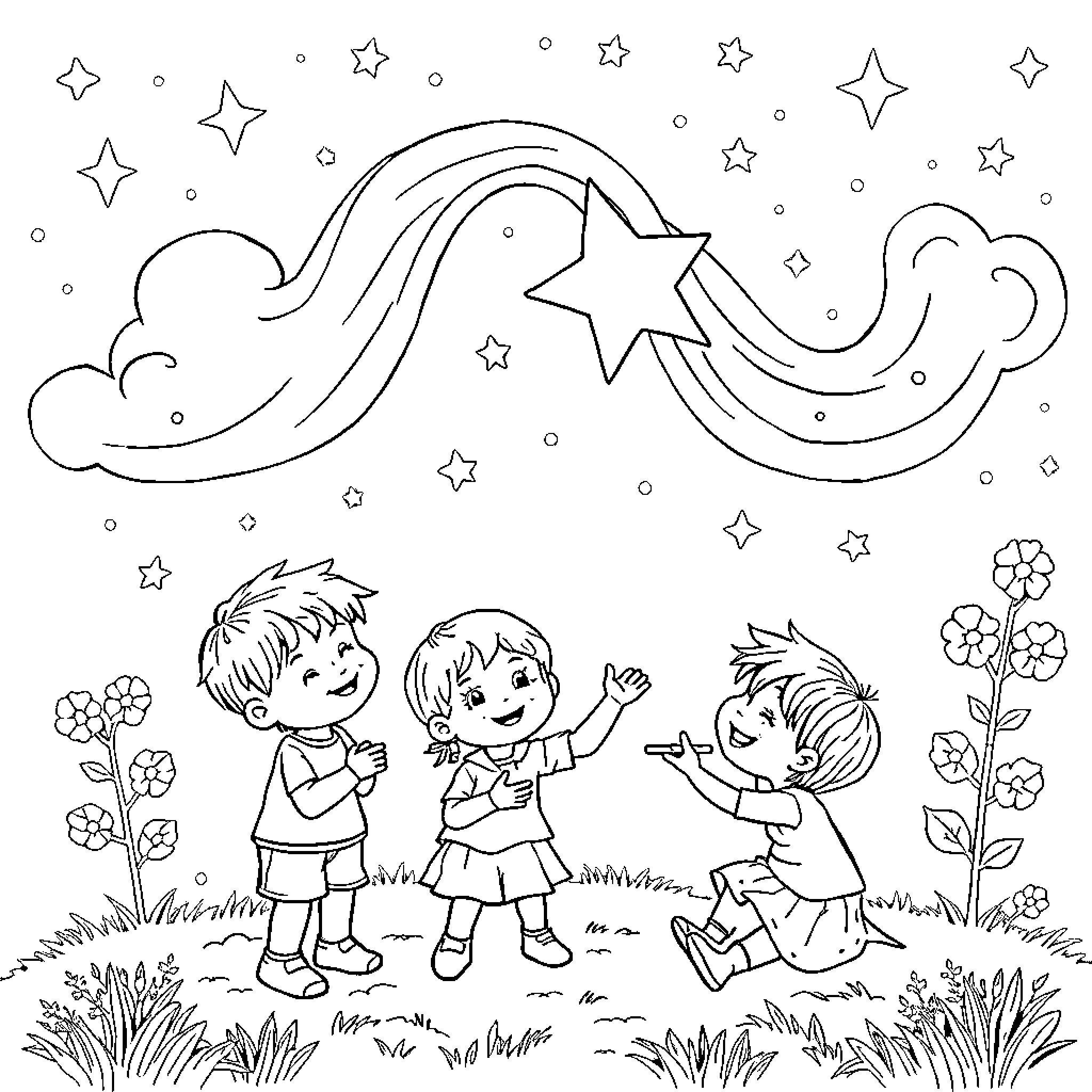Child playing joyfully under a starry night sky Coloring Page (free black-and-white line drawing printable PDF for all, from beginners to advanced learners, including children, teens, adults, and seniors)