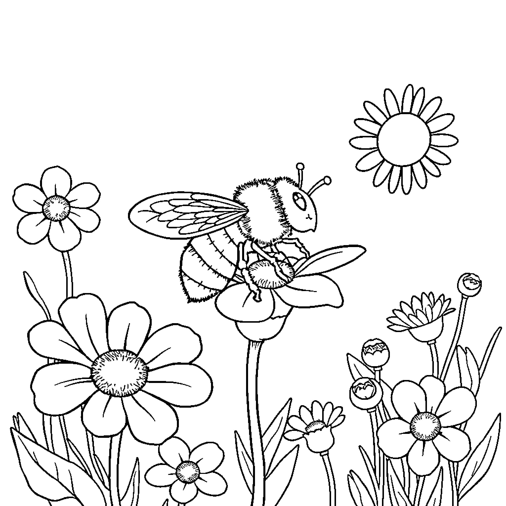 Bee enjoying a garden of flowers Coloring Page (free black-and-white line drawing printable PDF for all, from beginners to advanced learners, including children, teens, adults, and seniors)