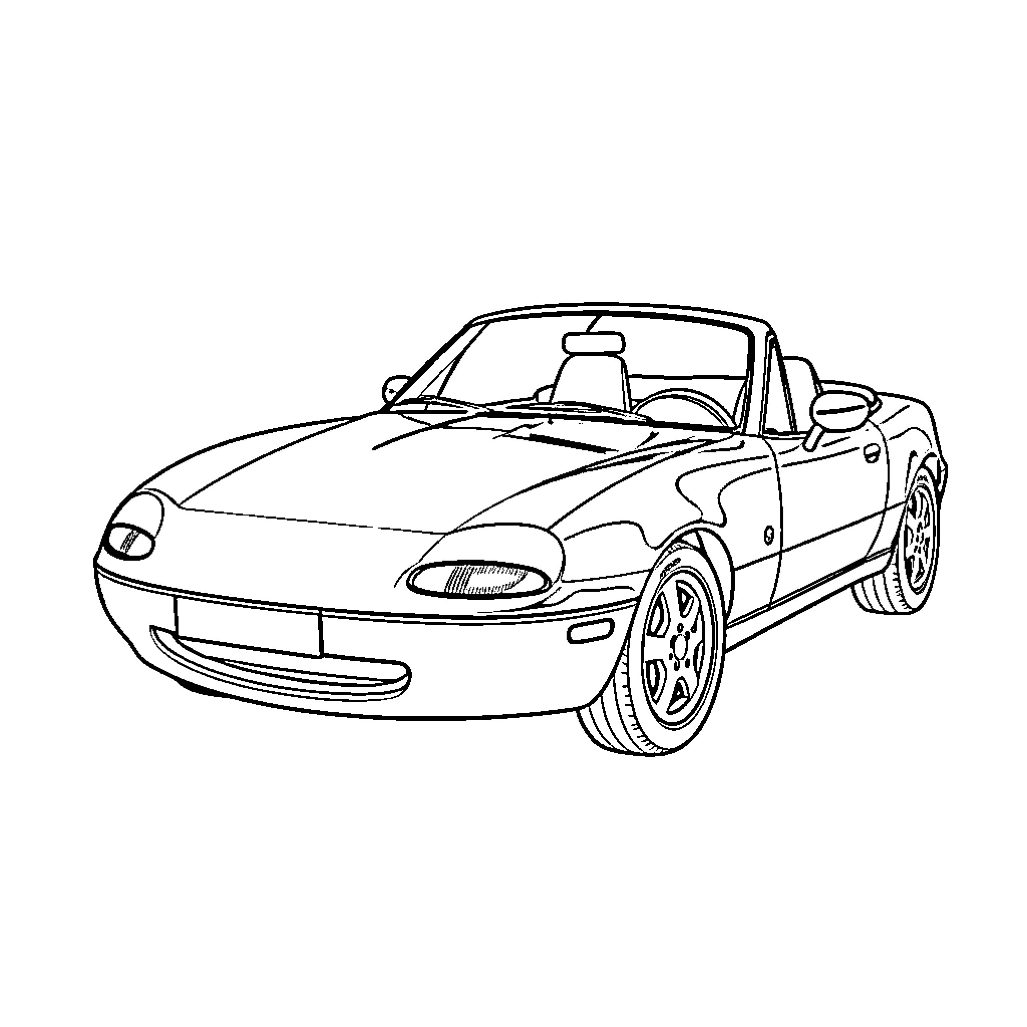 Miata sports car driving on the road Coloring Page (free black-and-white line drawing printable PDF for all, from beginners to advanced learners, including children, teens, adults, and seniors)