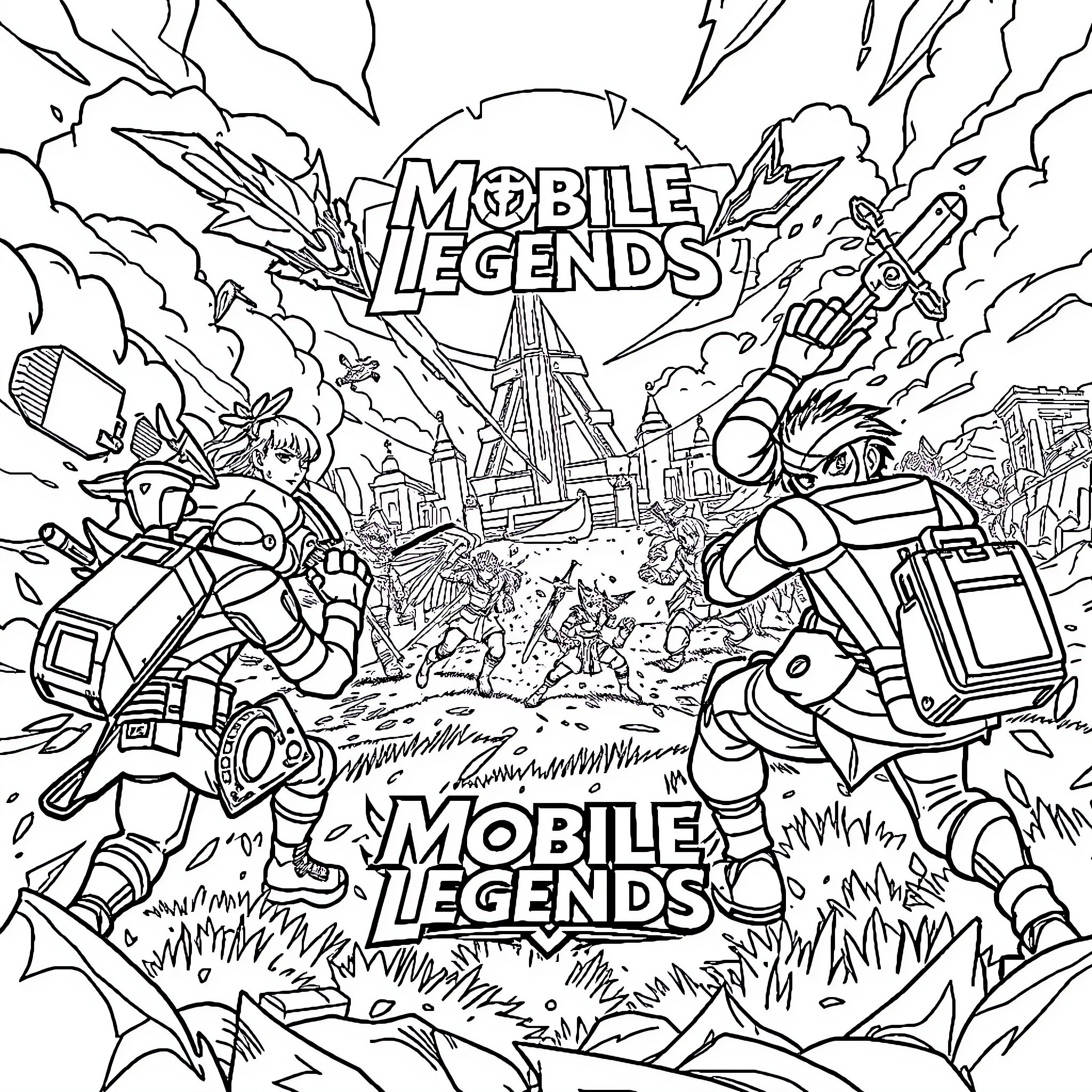 Mobile Legends: Epic battle scene with characters and weapons Coloring Page (free black-and-white line drawing printable PDF for all, from beginners to advanced learners, including children, teens, adults, and seniors)