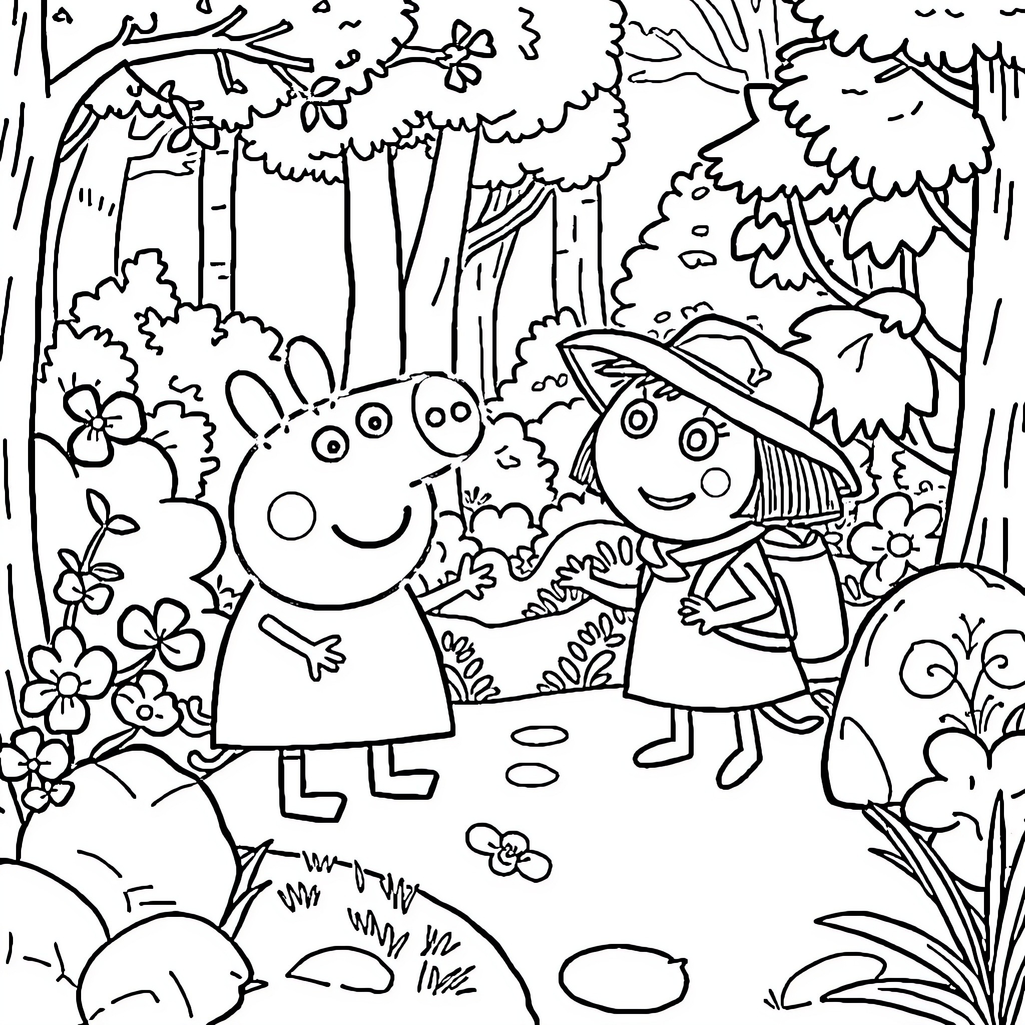 Peppa Pig and Friends Explore the Enchanted Forest Coloring Page (free black-and-white line drawing printable PDF for all, from beginners to advanced learners, including children, teens, adults, and seniors)
