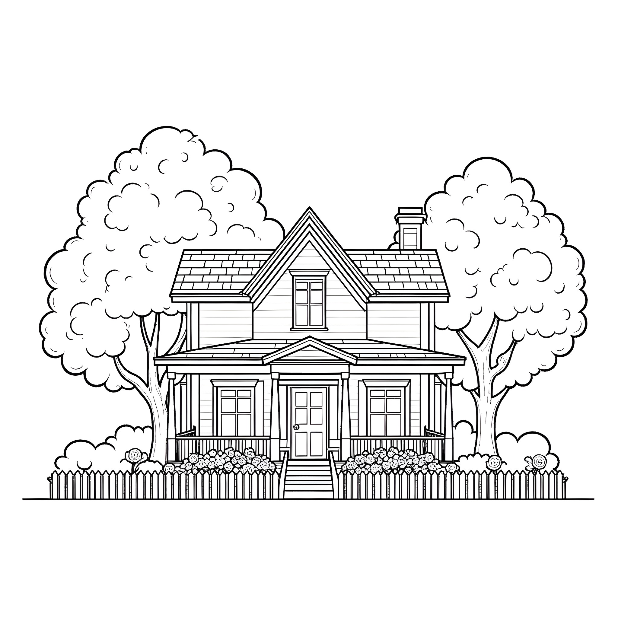 House with trees in a peaceful neighborhood Coloring Page (free black-and-white line drawing printable PDF for all, from beginners to advanced learners, including children, teens, adults, and seniors)