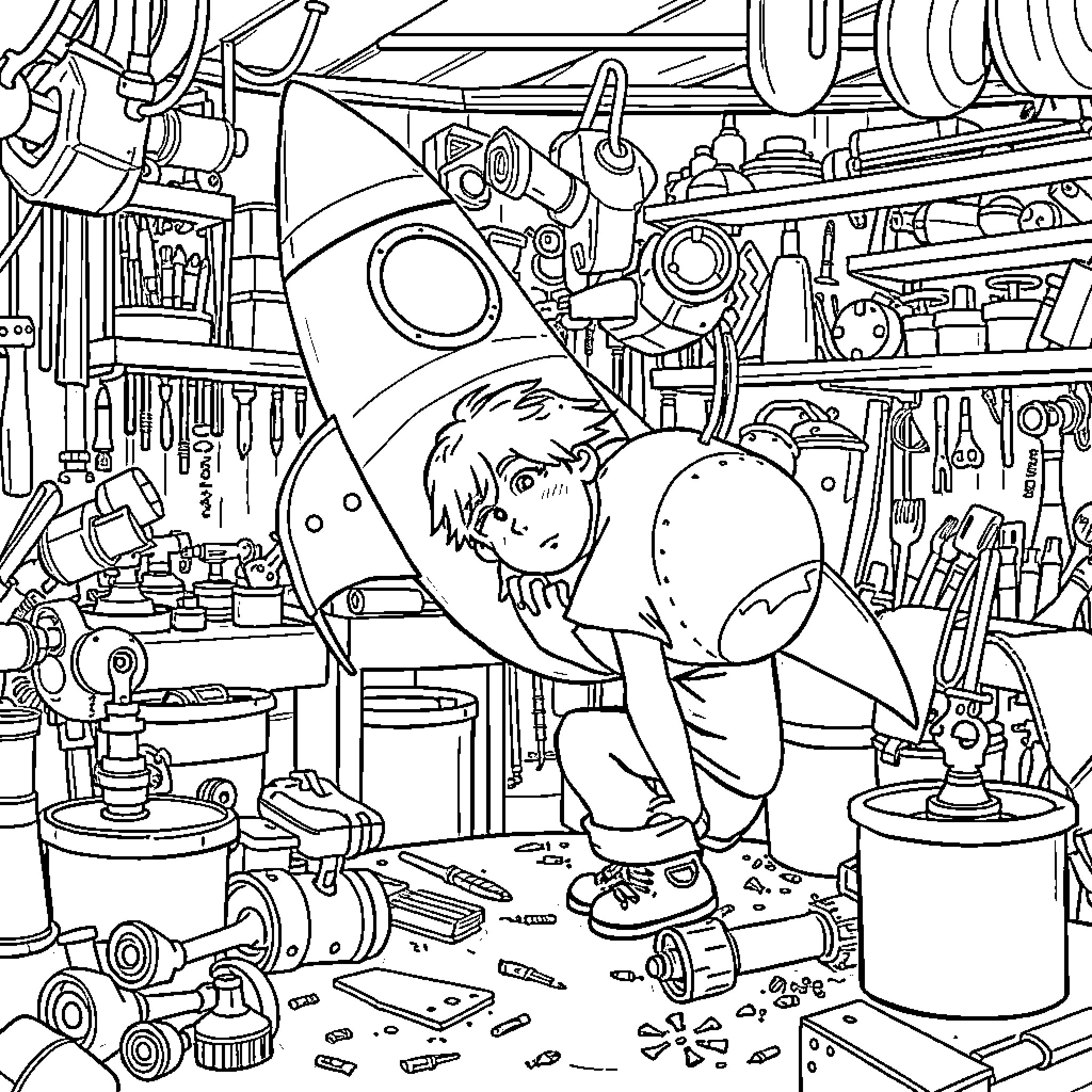 Boy exploring cluttered workshop filled with tools and machinery Coloring Page (free black-and-white line drawing printable PDF for all, from beginners to advanced learners, including children, teens, adults, and seniors)