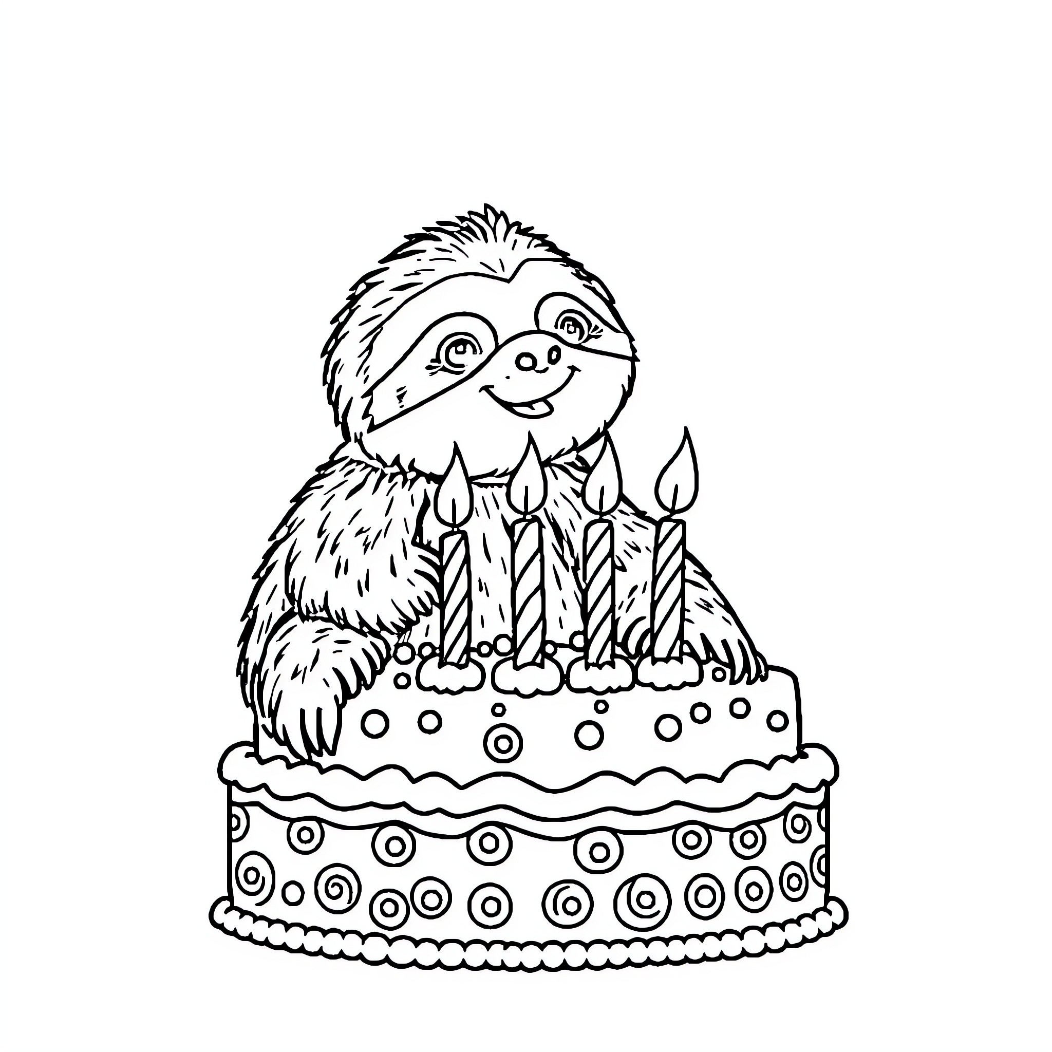 Sloth celebrating birthday with cake and candles Coloring Page (free black-and-white line drawing printable PDF for all, from beginners to advanced learners, including children, teens, adults, and seniors)