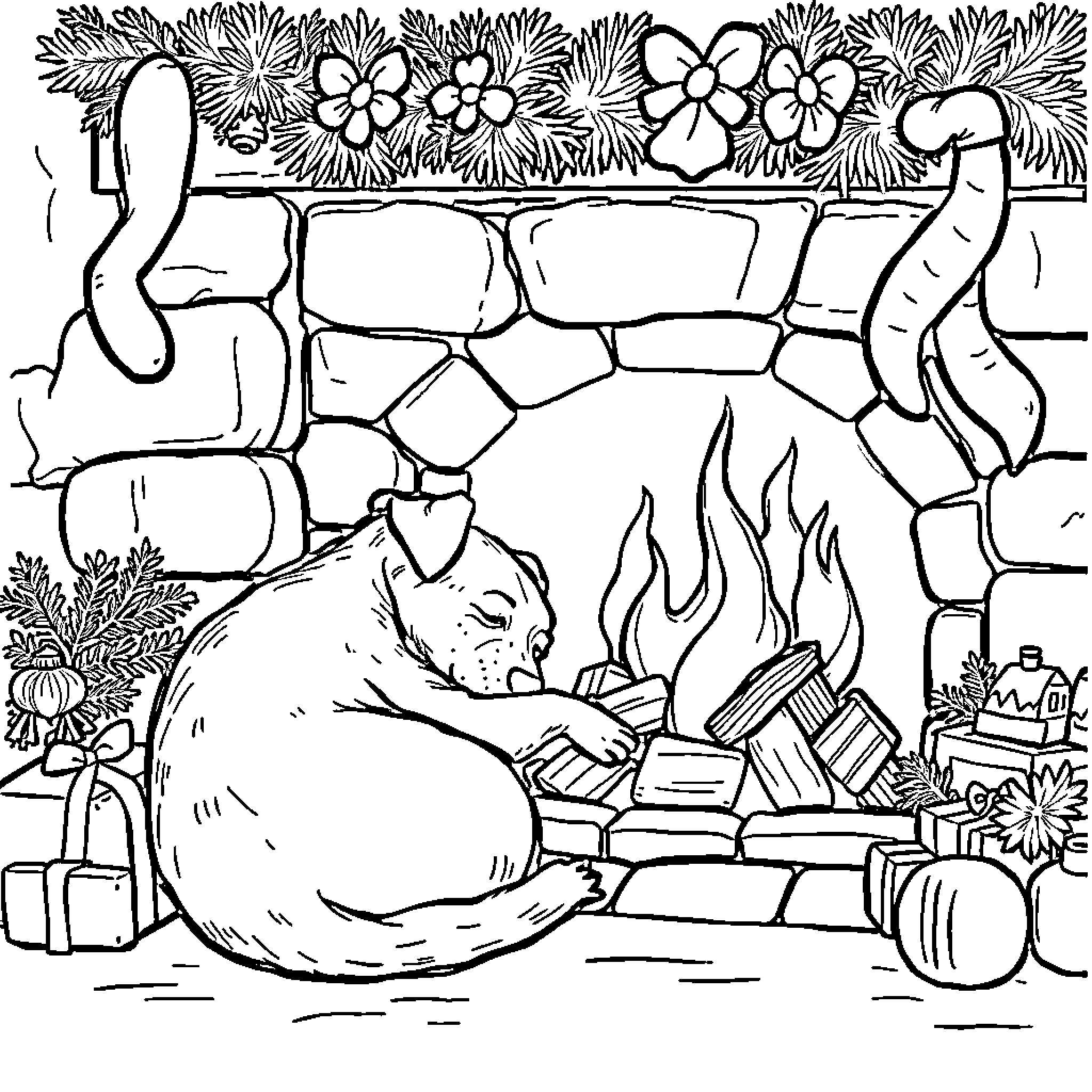 Whippet relaxing by the campfire Coloring Page (free black-and-white line drawing printable PDF for all, from beginners to advanced learners, including children, teens, adults, and seniors)
