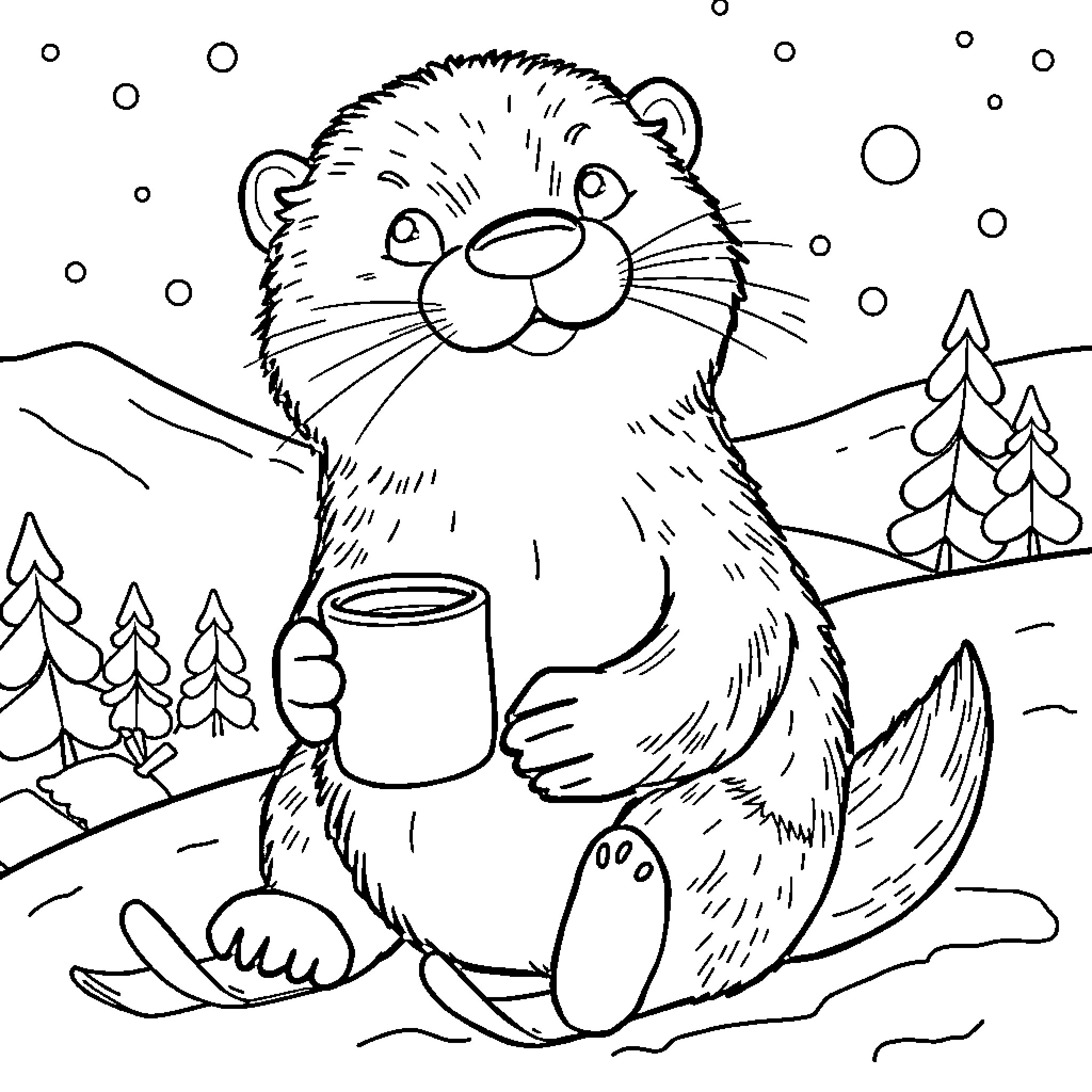 Otter enjoying a warm drink in the snow Coloring Page (free black-and-white line drawing printable PDF for all, from beginners to advanced learners, including children, teens, adults, and seniors)