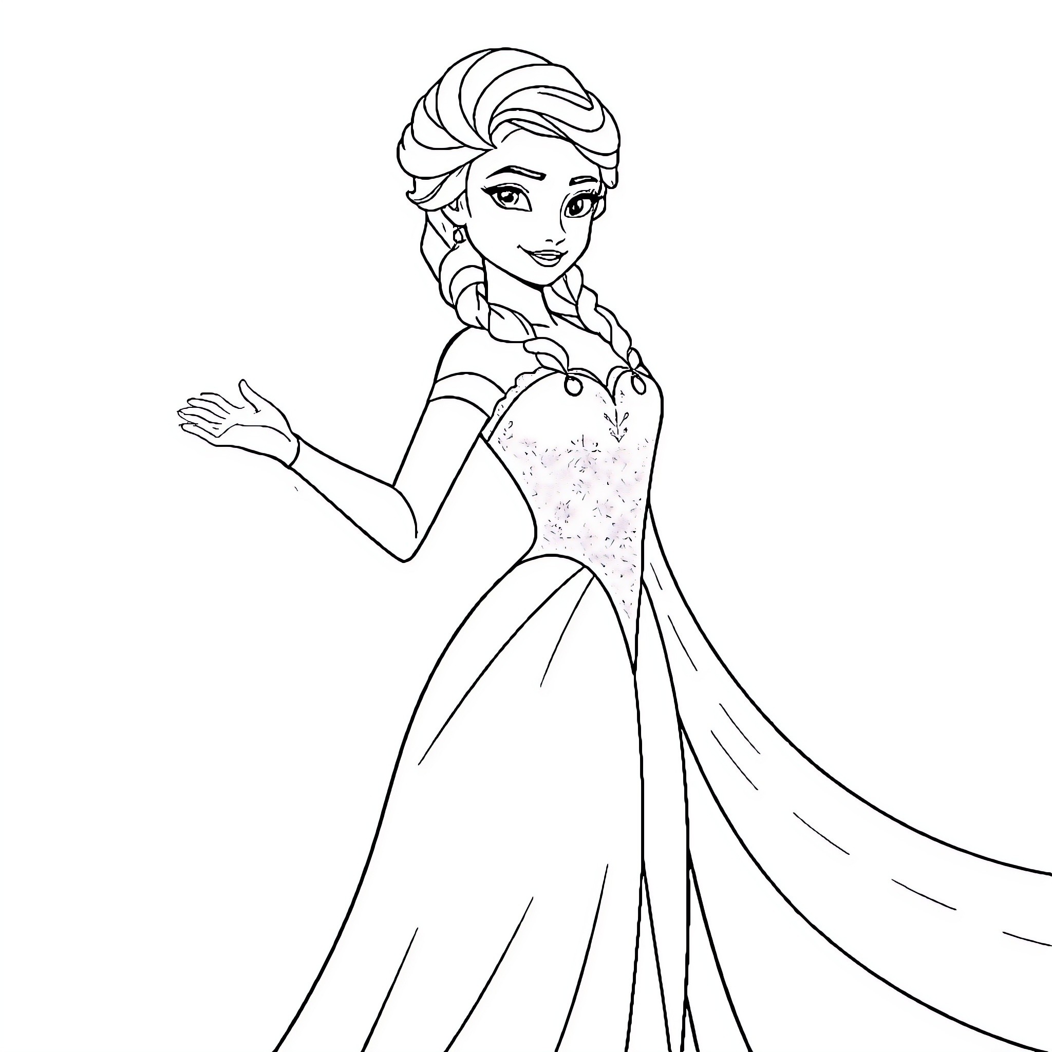 Elsa the Snow Queen in her elegant dress Coloring Page (free black-and-white line drawing printable PDF for all, from beginners to advanced learners, including children, teens, adults, and seniors)